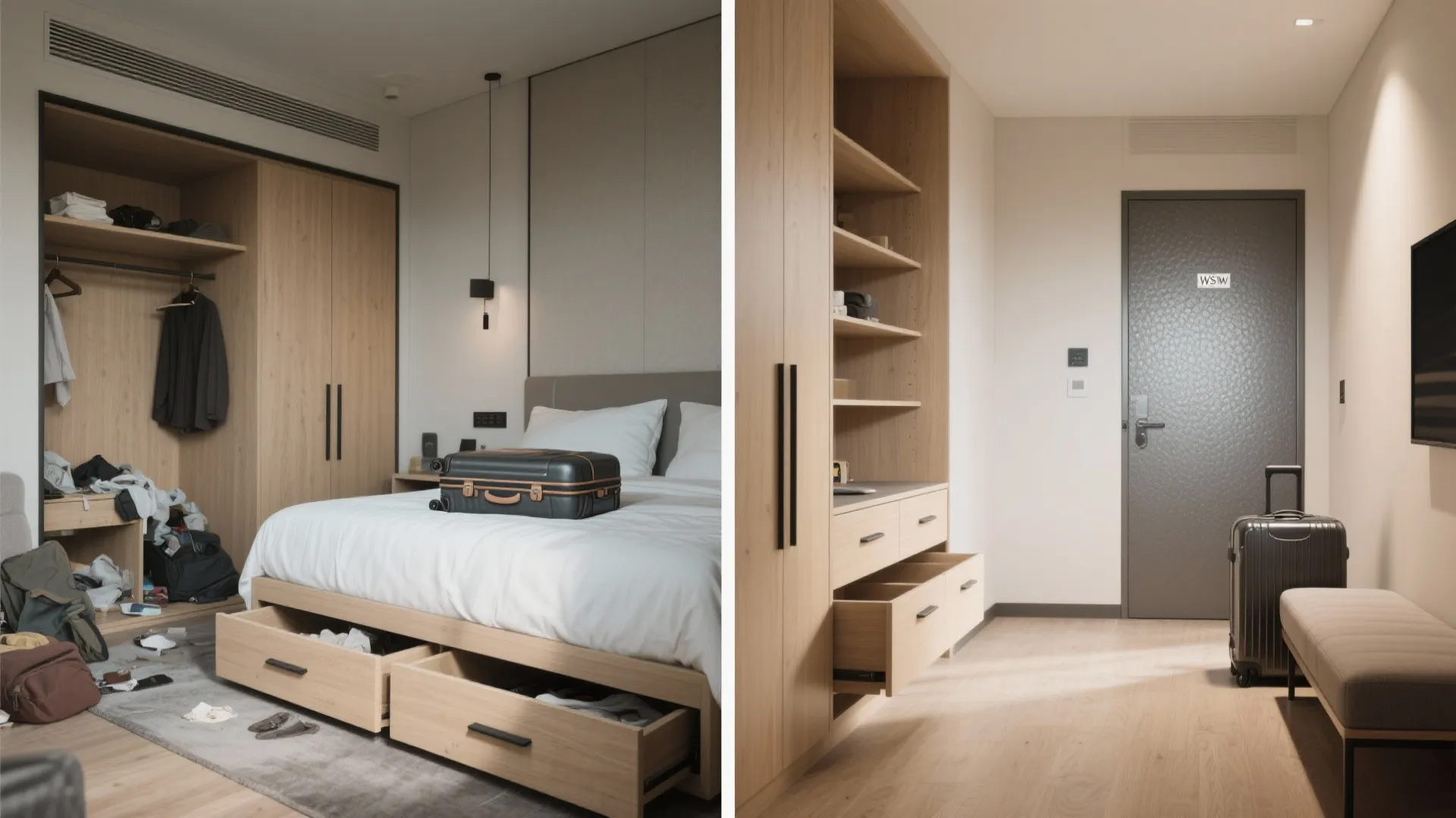 Smart storage: underbed drawers, tall wardrobes, and a luggage bench