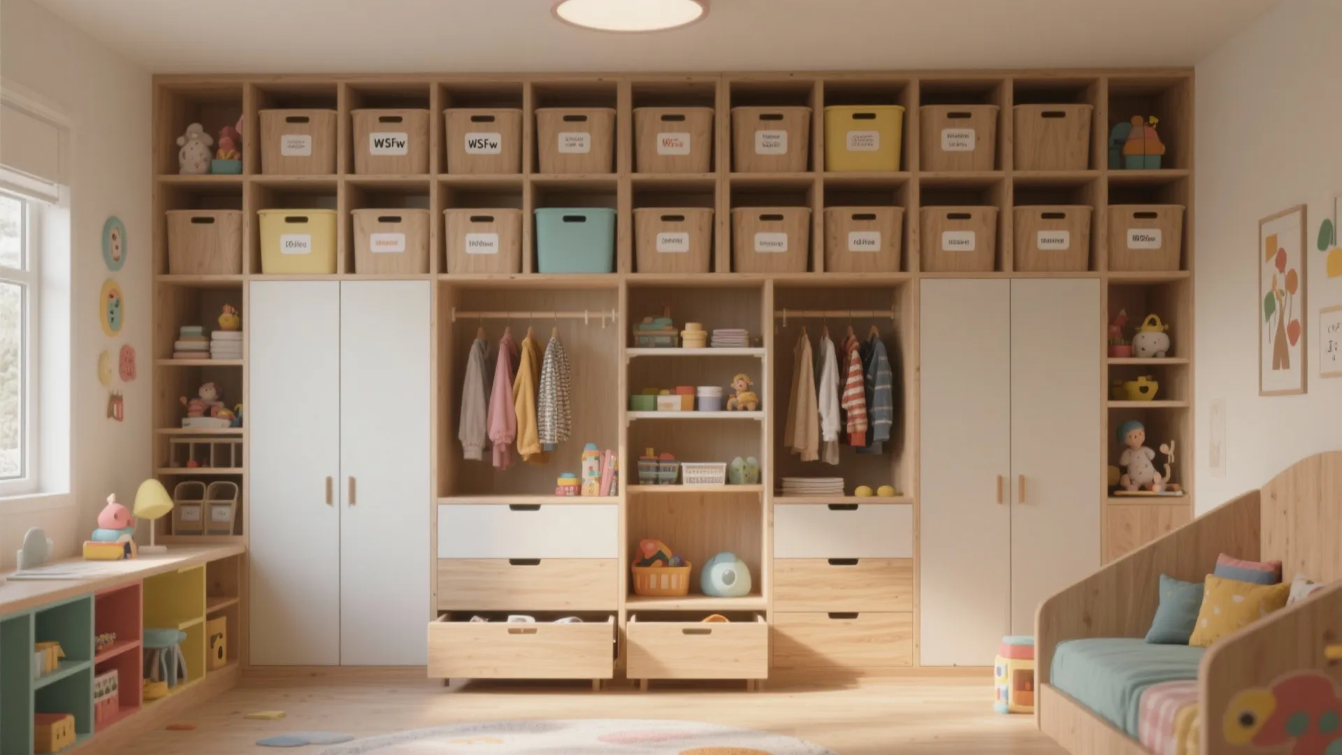 3. Shared storage wall with personal cubbies