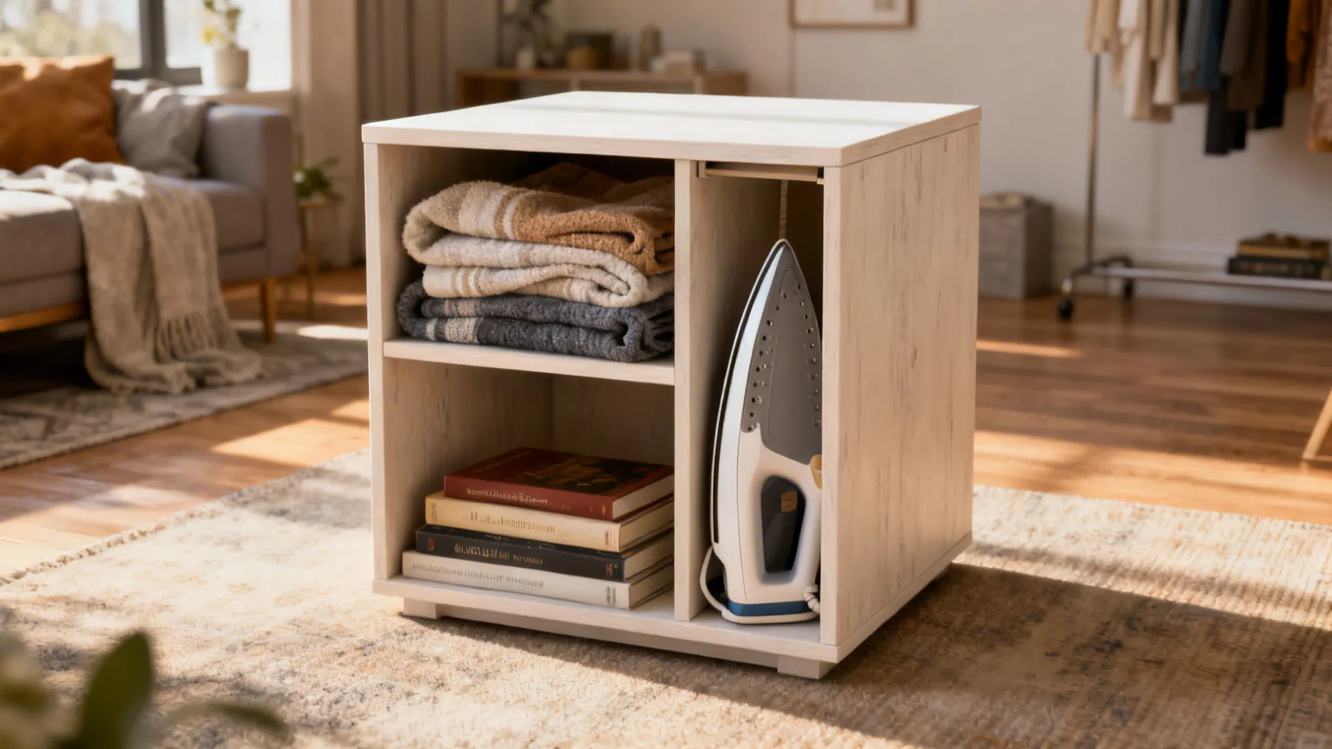 Small storage cube side table with open shelving storing throws and books
