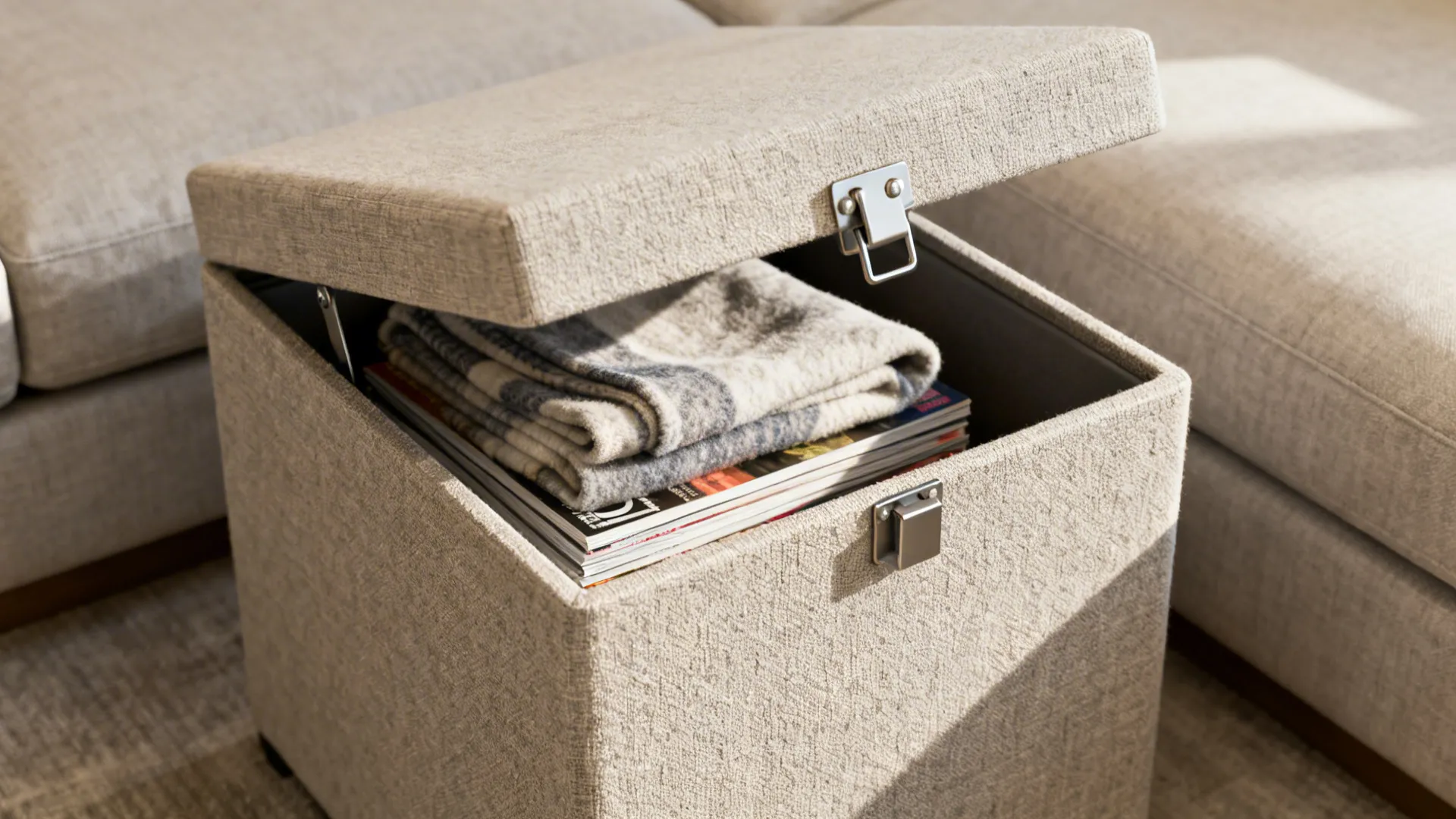 Square storage cube end table with lift-top open showing blankets and magazines inside.