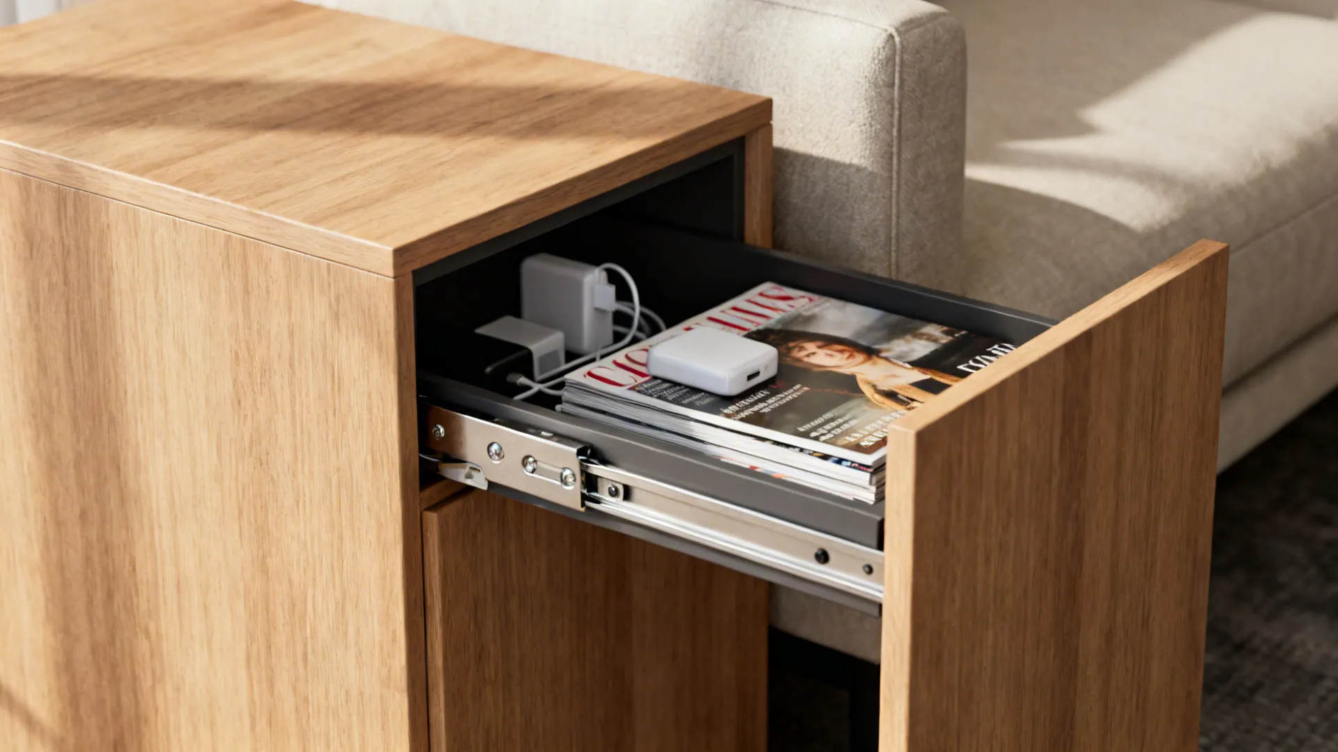 Narrow storage cube with pull-out tray extended showing hidden magazines and sturdy hardware beside a sofa.