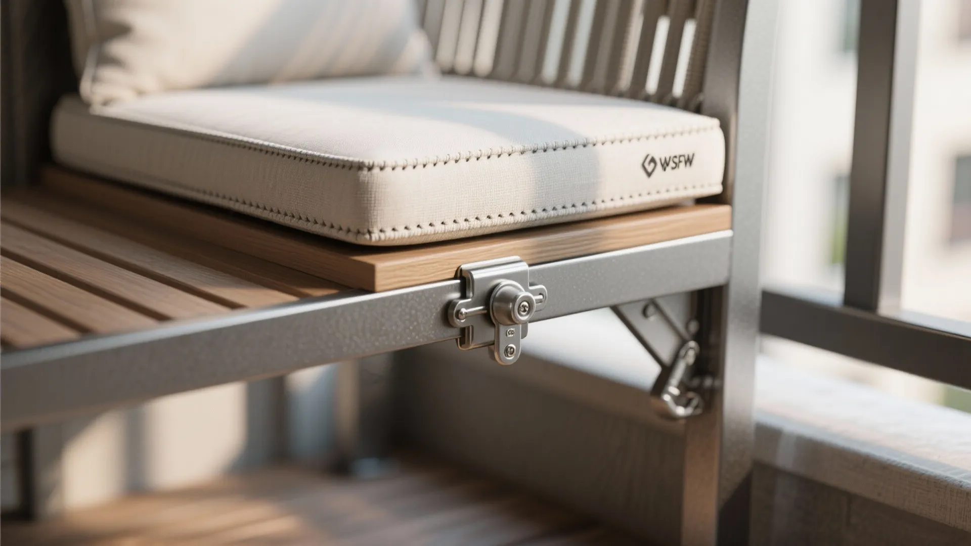Beige seat cushion with a silver metal lock fixed to a wooden outdoor bench frame base