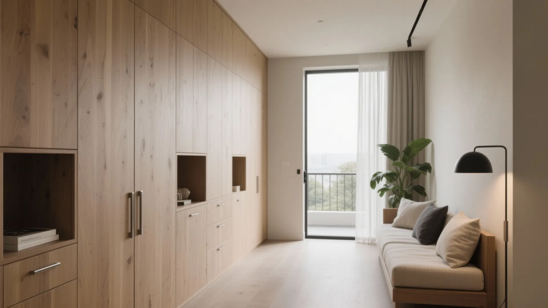 A storage wall + daybed by the balcony