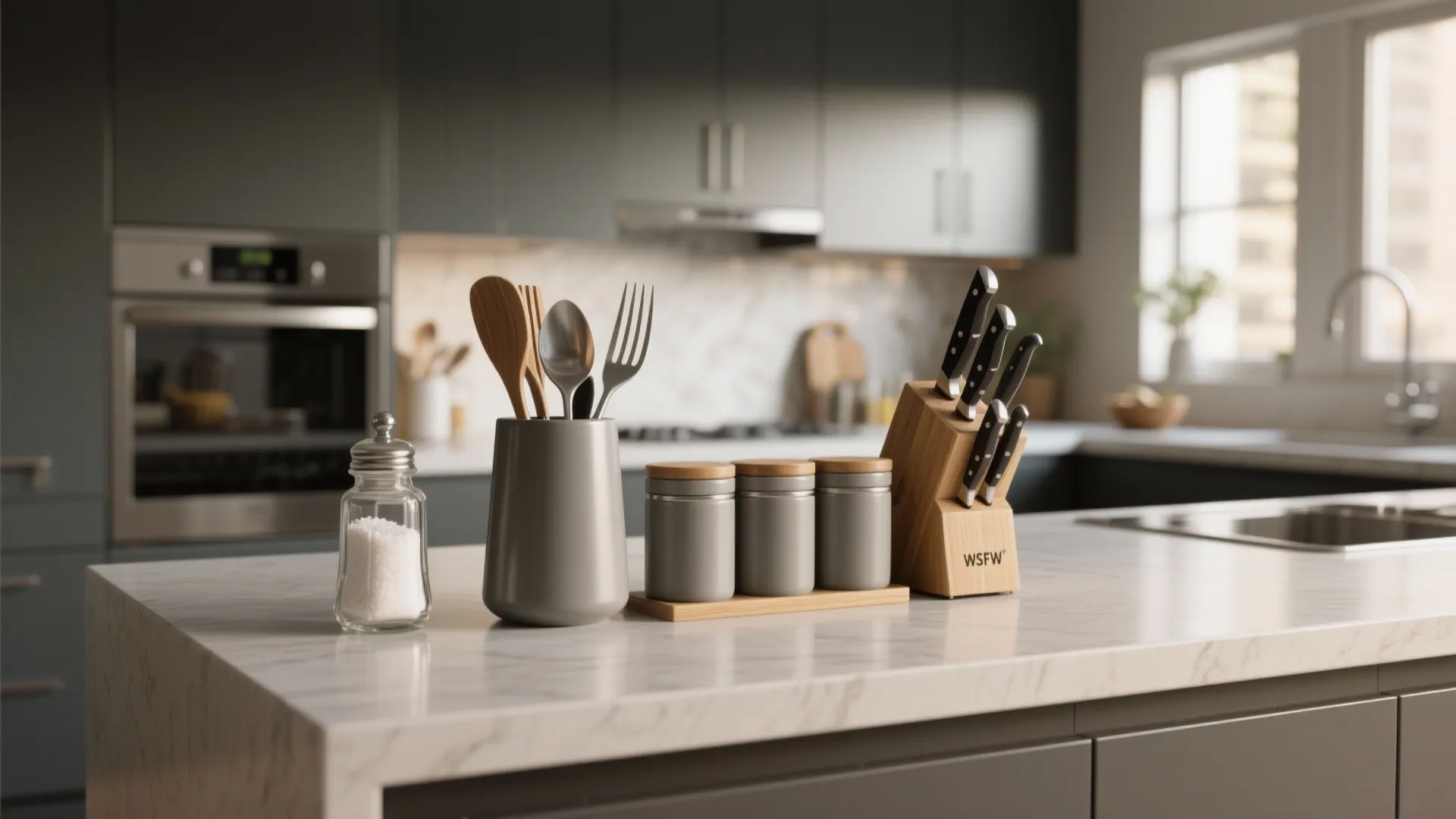 Grey kitchen island with utensil holder, salt shaker, spice jars, knife block, and marble surface