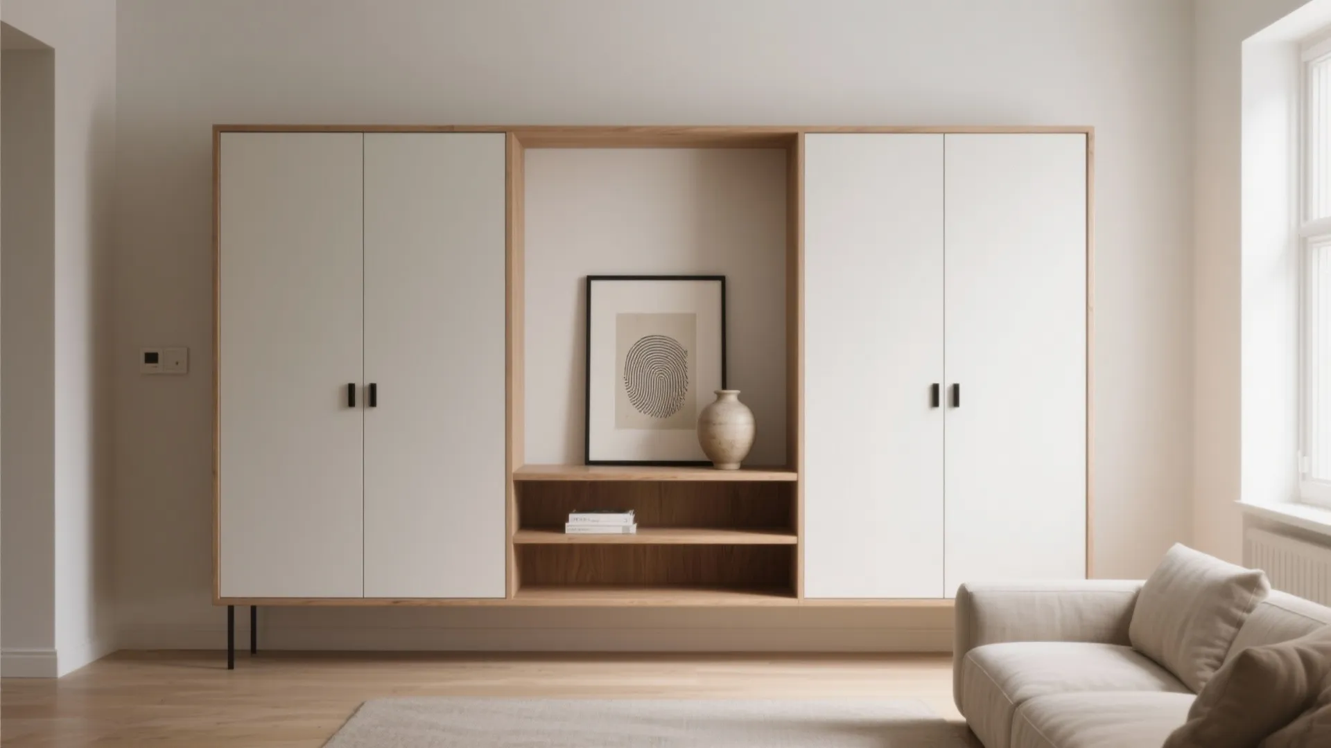 Minimalist white and wood cabinet with shelving unit holding artwork vase and books near sofa
