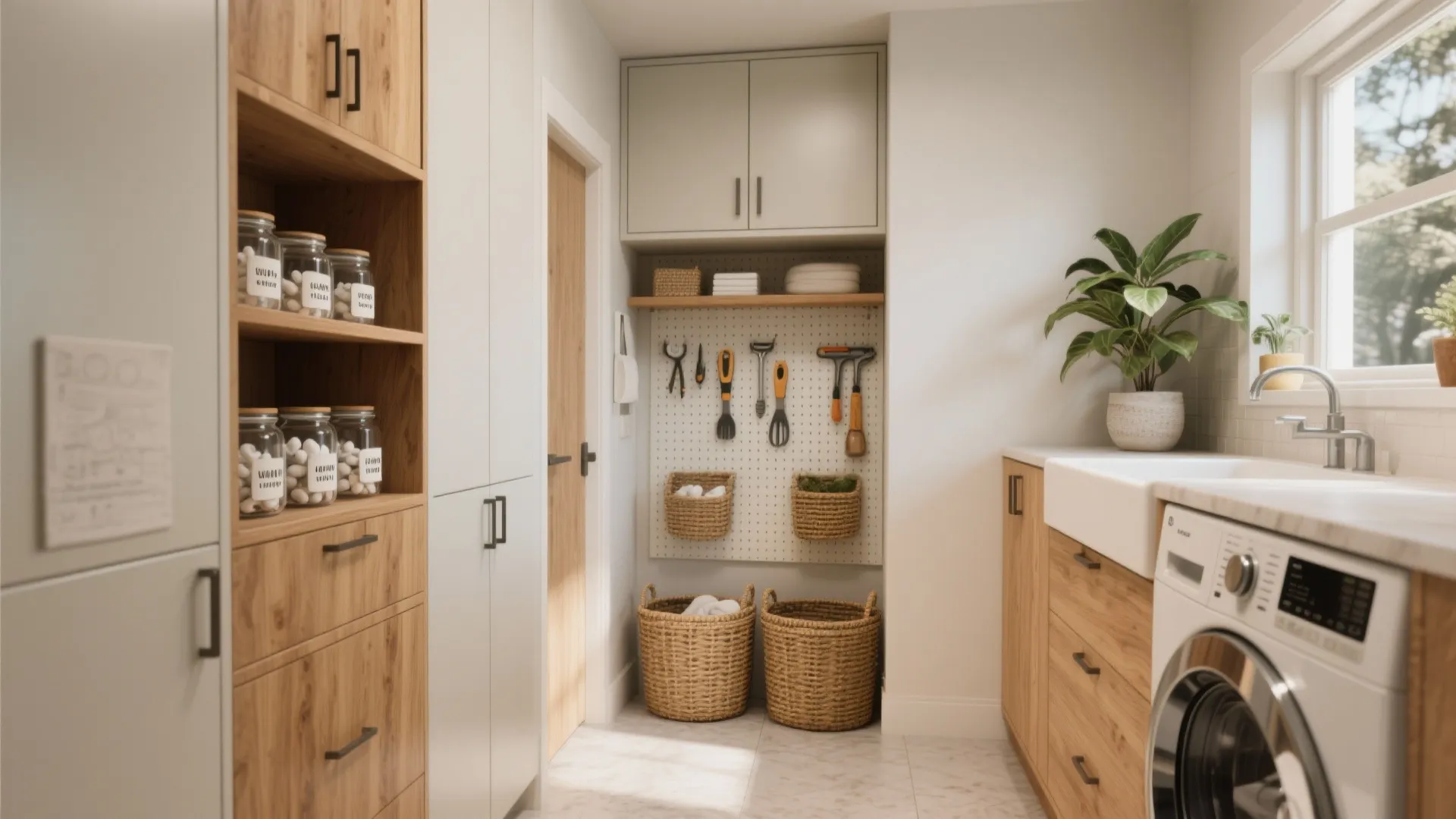 Modern laundry room with wooden cabinets white washing machine storage baskets pegboard and large green plant