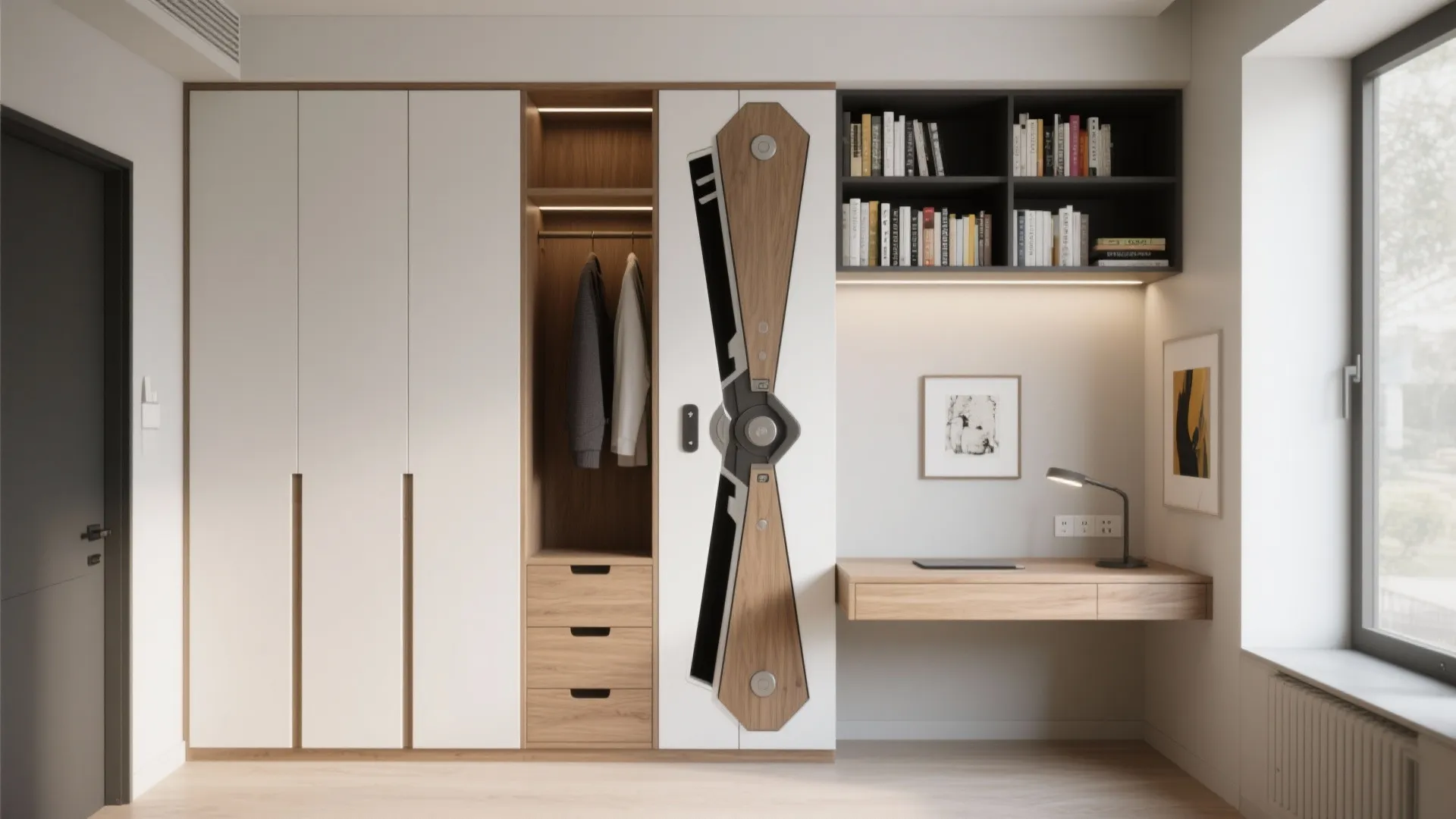 Built-In Storage Wall with Hidden Desk