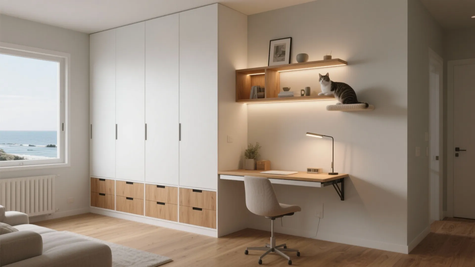 Minimalist Storage Wall With a Fold-Down Study