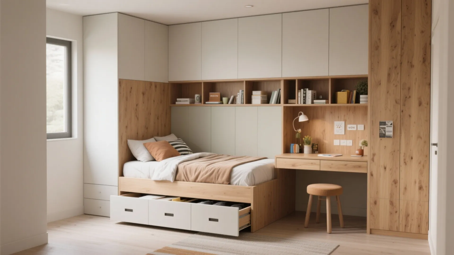 Compact bedroom with a built-in storage bed and a pull-out desk, showing organized drawers and workspace.