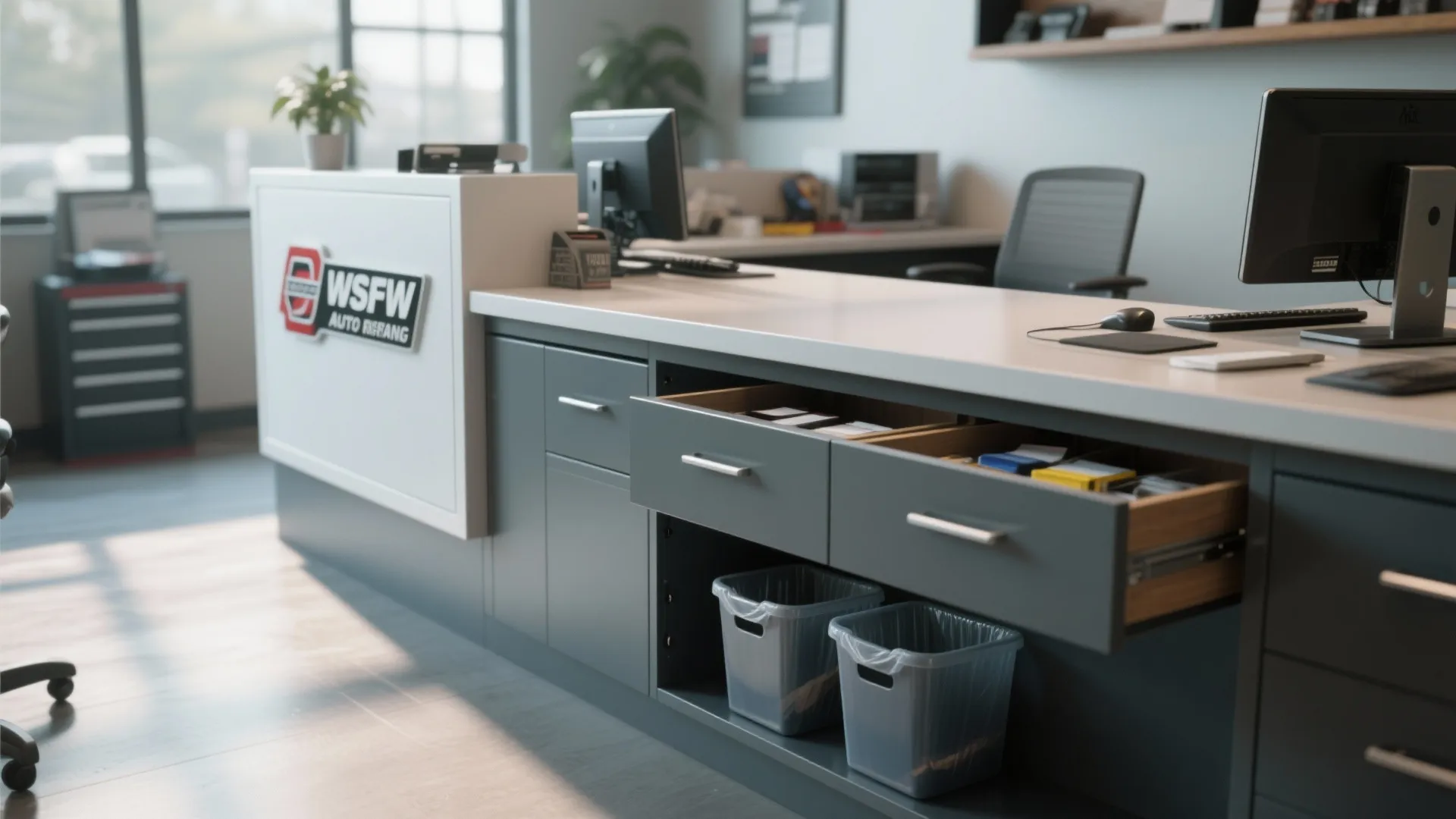 Close-up of reception desk with hidden storage compartments