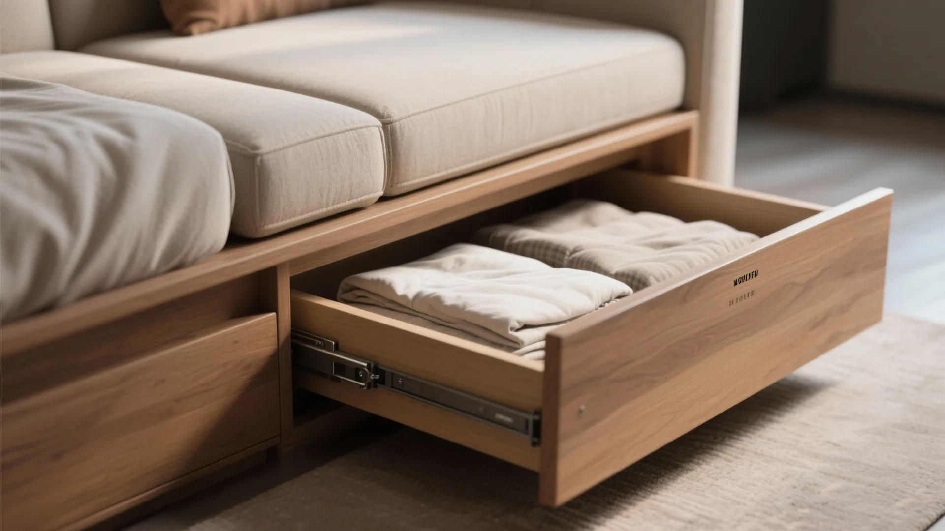 Modern wooden bed frame with open storage drawer containing neatly folded white and beige linens
