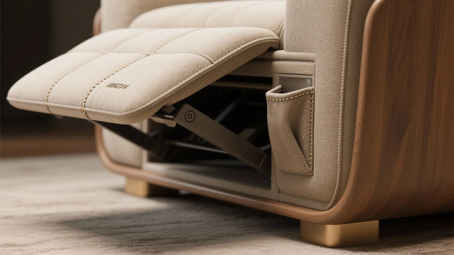 Close up of a cream fabric sofa showing metal reclining mechanism and side storage pocket