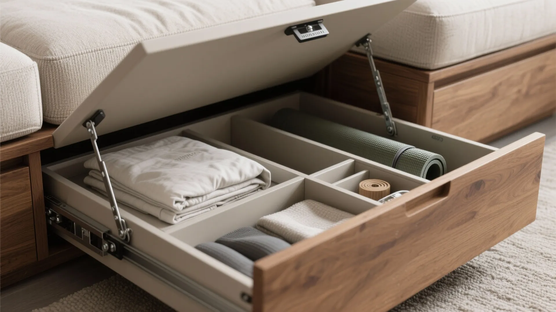 Wooden furniture drawer with divided storage compartments holding folded clothes and a green yoga mat