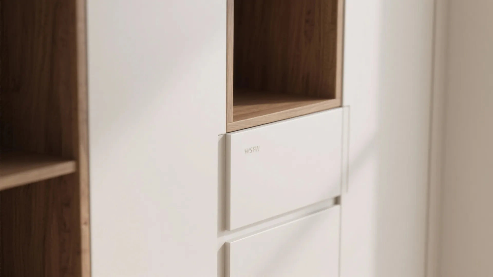 Modern white and wood cabinet with open shelves and closed drawers for organized home storage