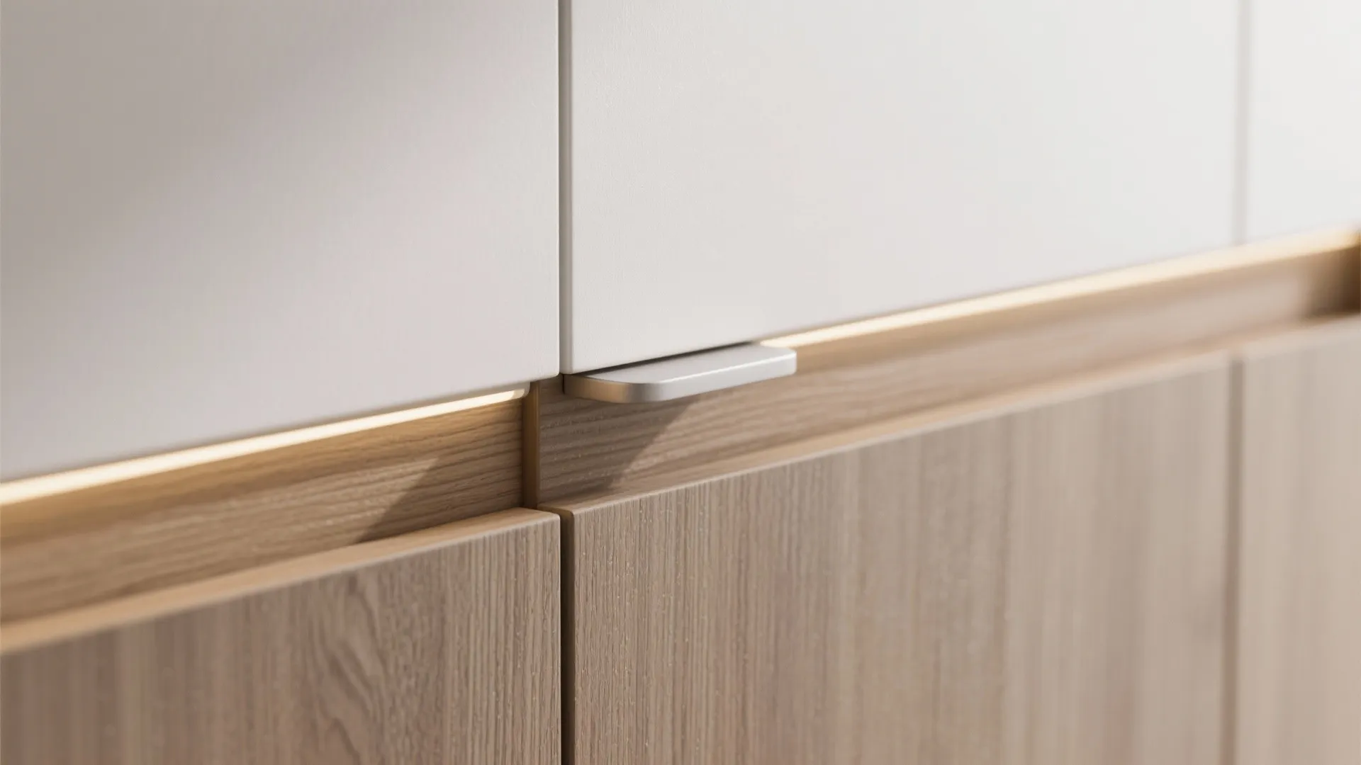 Macro of matte laminate and ash veneer with warm LED strip detail on a storage wall.