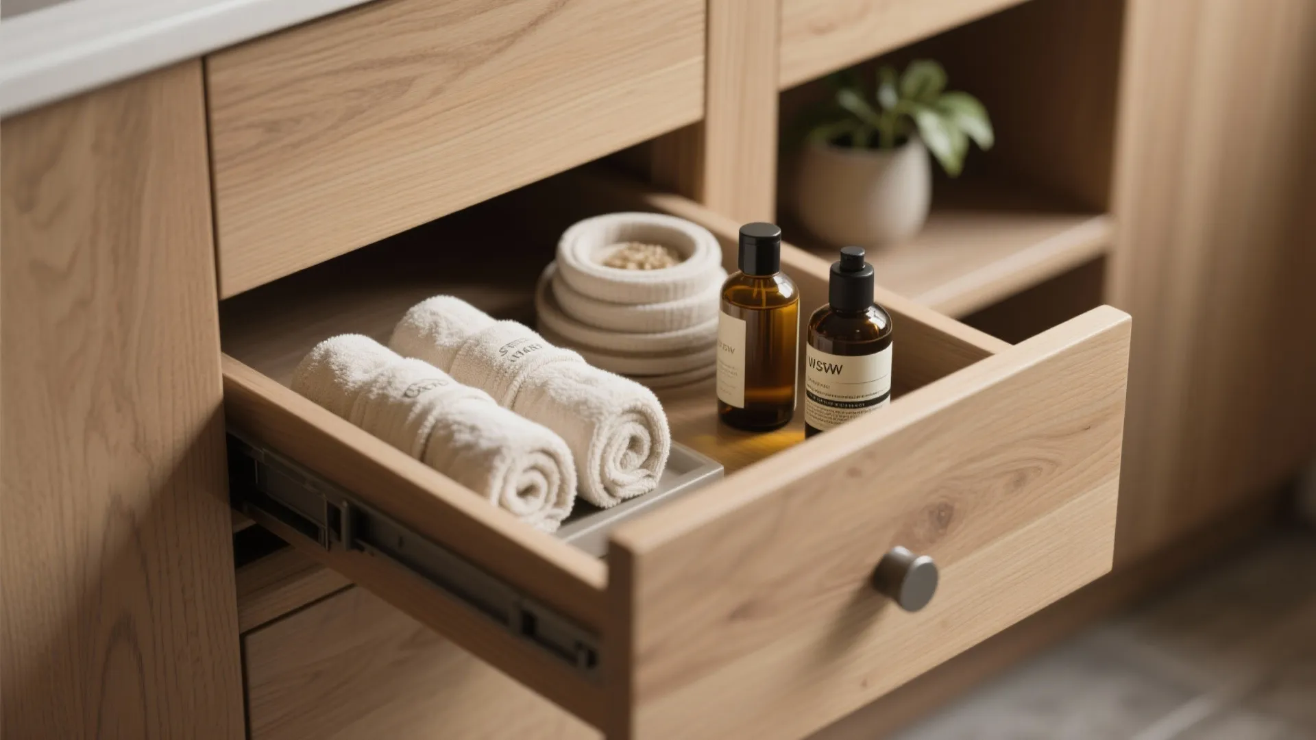 Compact, closed storage with a single open “moment”