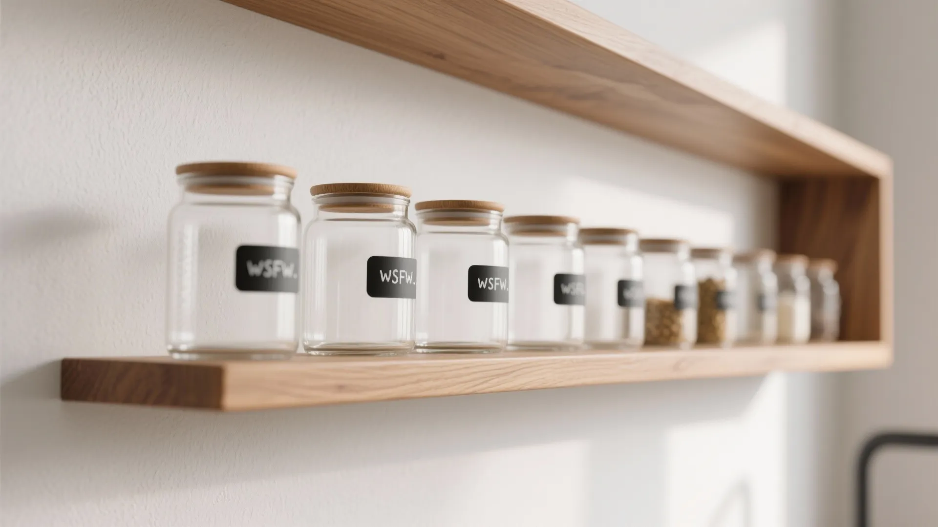 Glass storage jars with black labels and wooden lids sitting on a simple wooden wall shelf