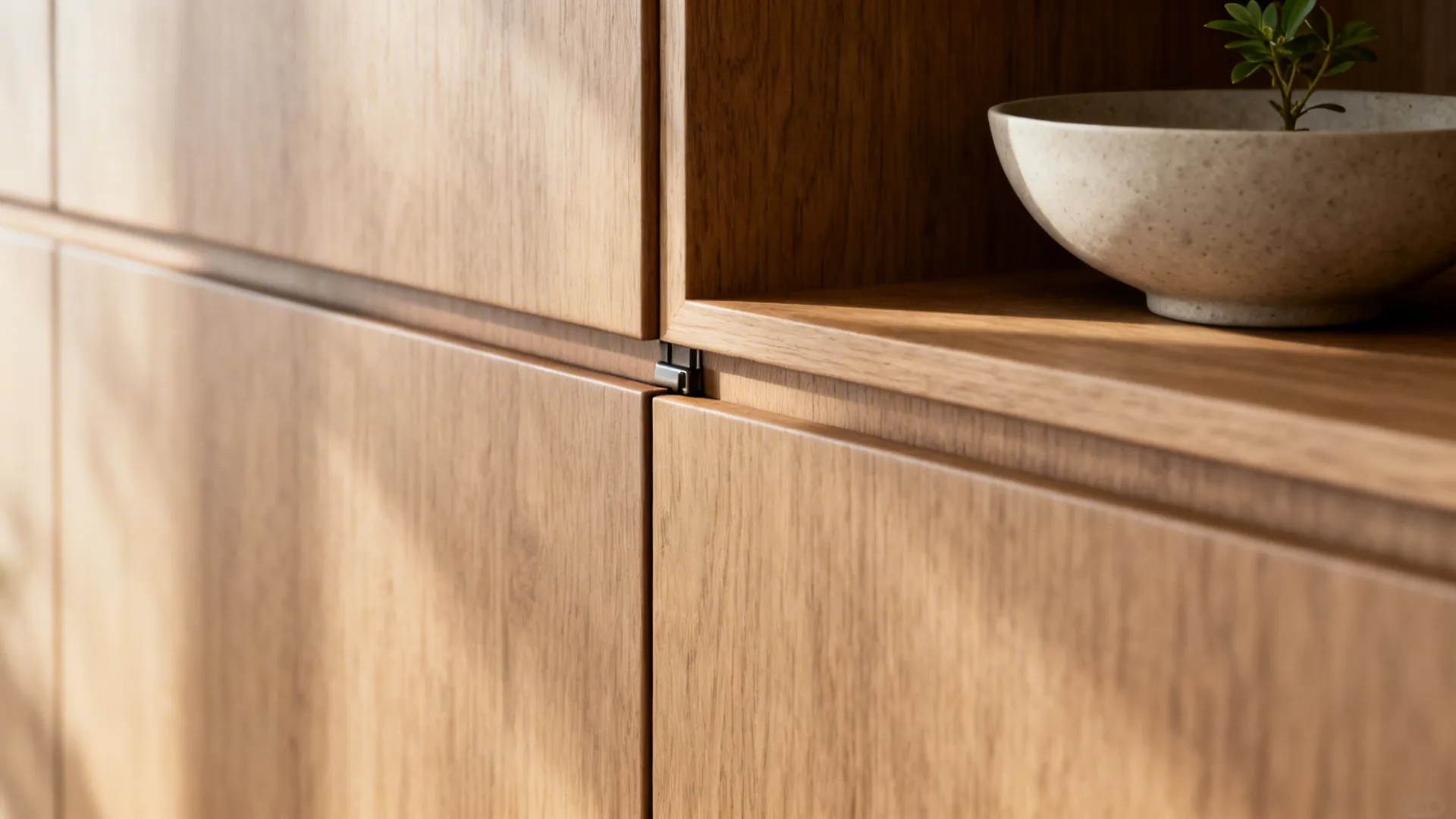 Macro view of a flush-door oak cabinet with matte finish and an open niche styled with a bowl and plant.