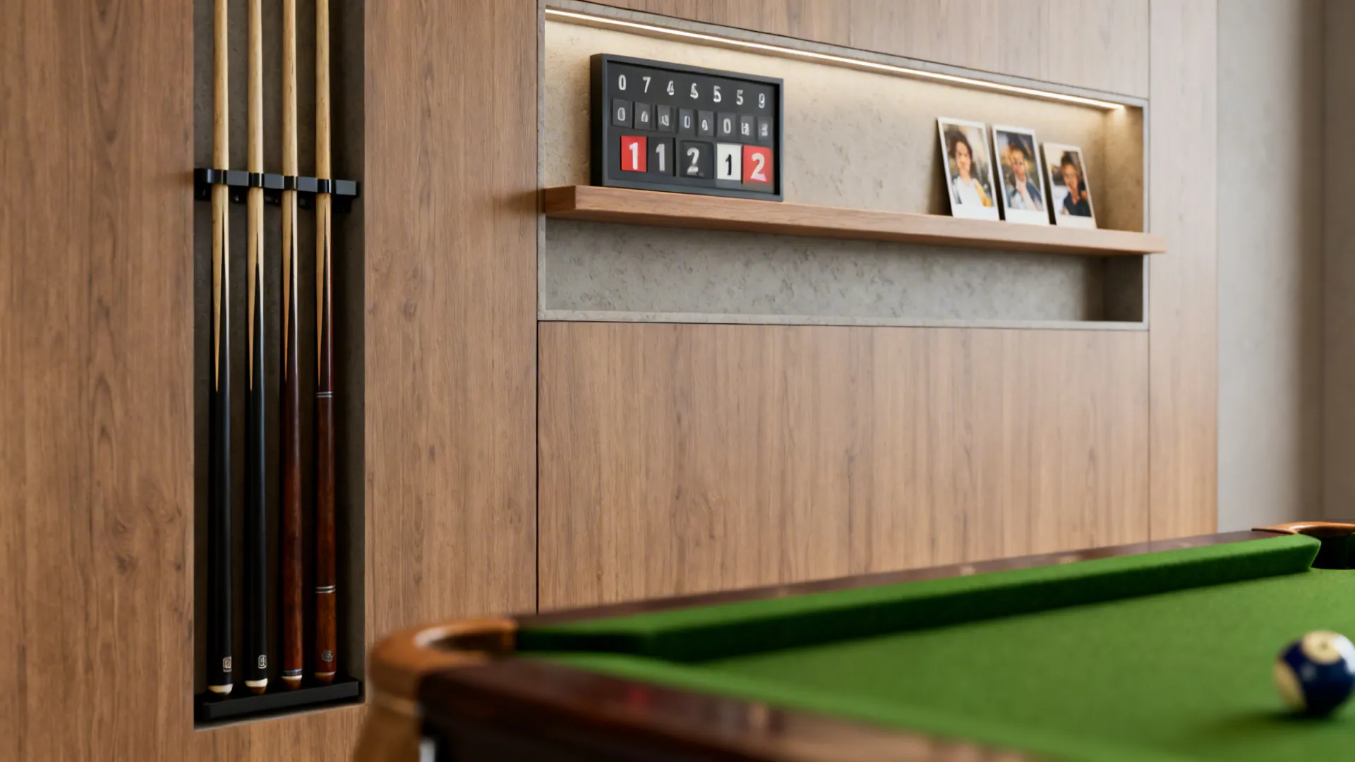 Recessed cue rack and scoreboard integrated into a living room wall beside a pool table.