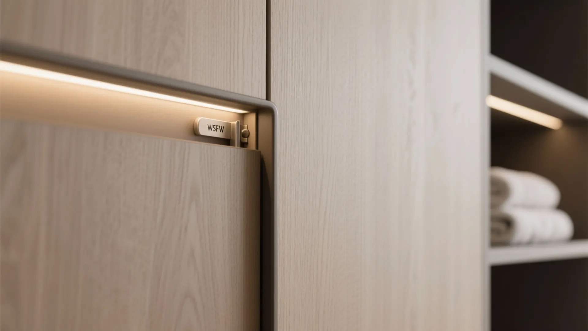 Macro view of matte wood cabinet with LED strip and soft-close hardware.