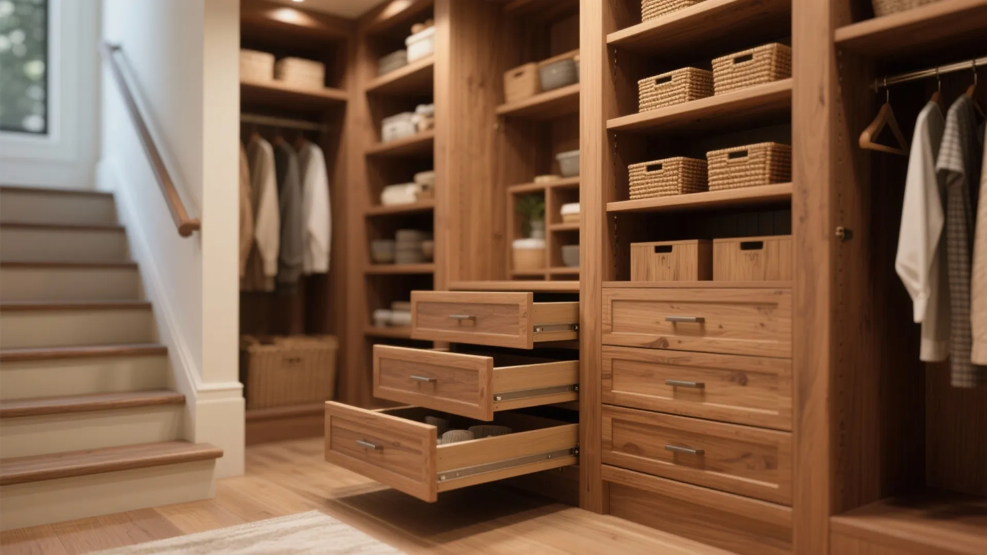 Macro detail of built-in pantry shelving and under-stair drawers for efficient storage.