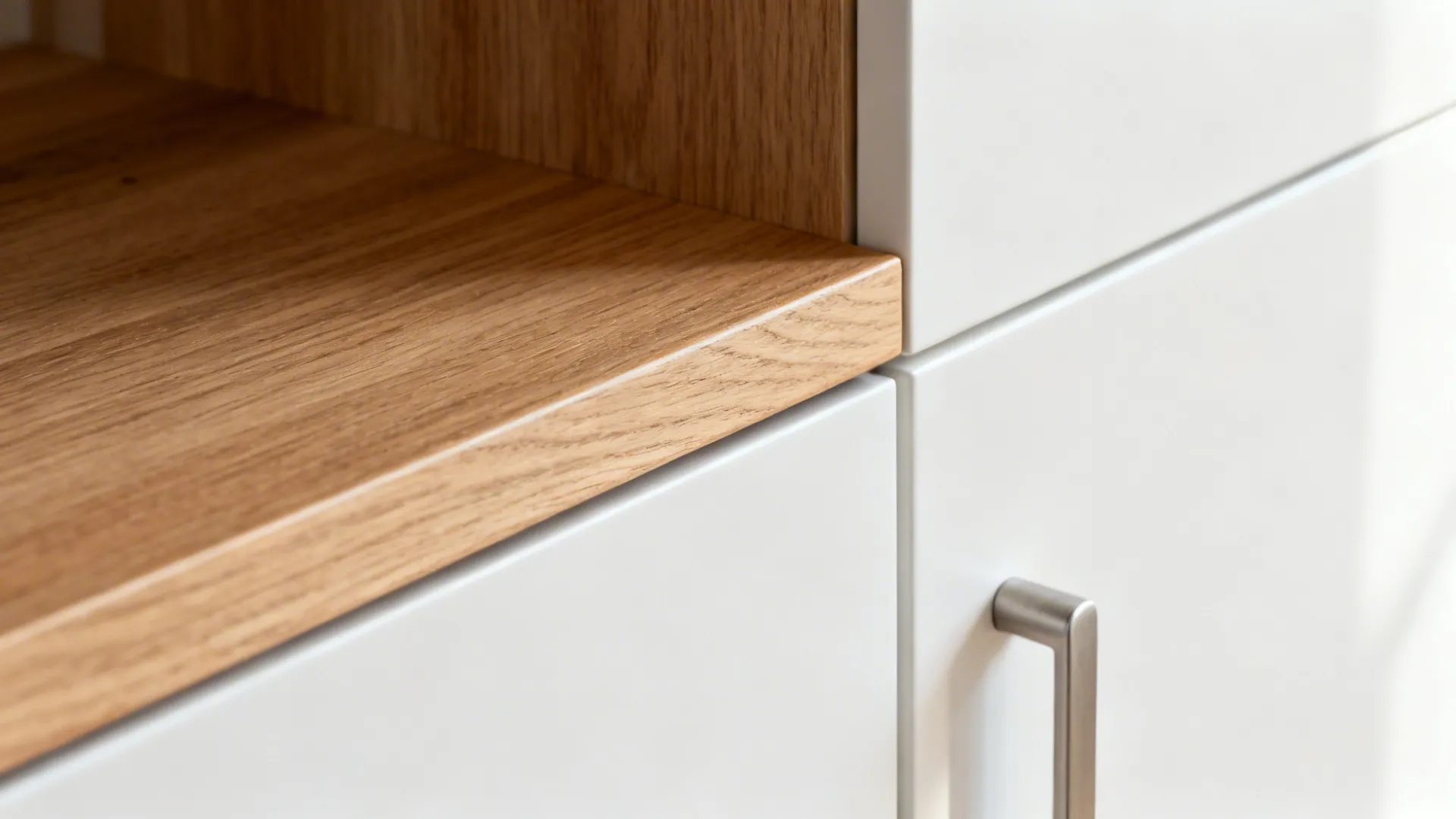 Macro of oak shelf and matte white cabinet with brushed nickel handle in soft light.