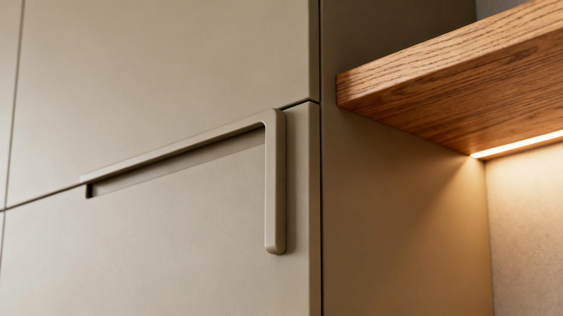 Macro view of matte cabinet finish and oak shelf with soft LED wash highlighting textures.