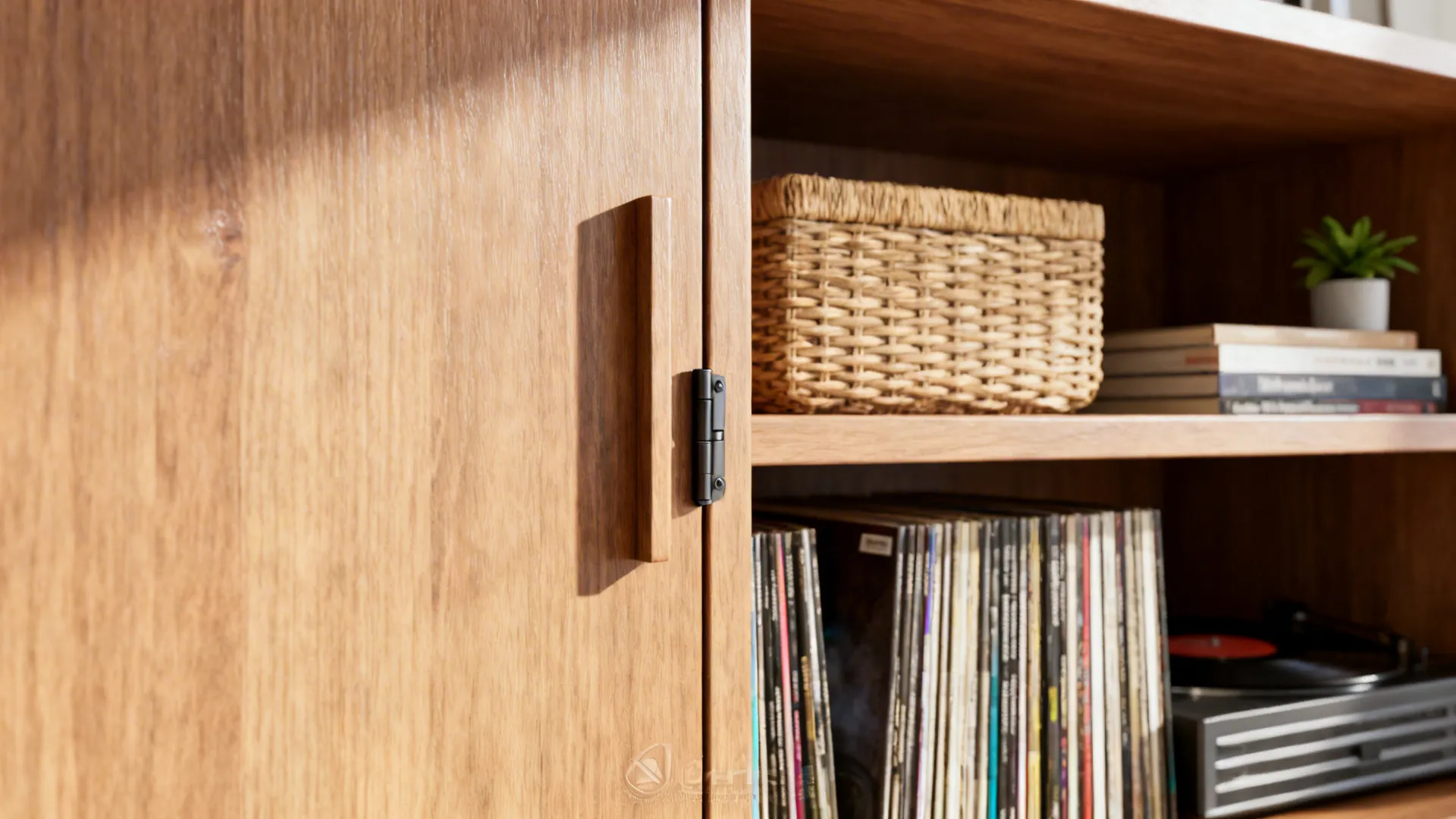 Wooden cabinet shelf with woven basket books a small plant and vinyl records in storage