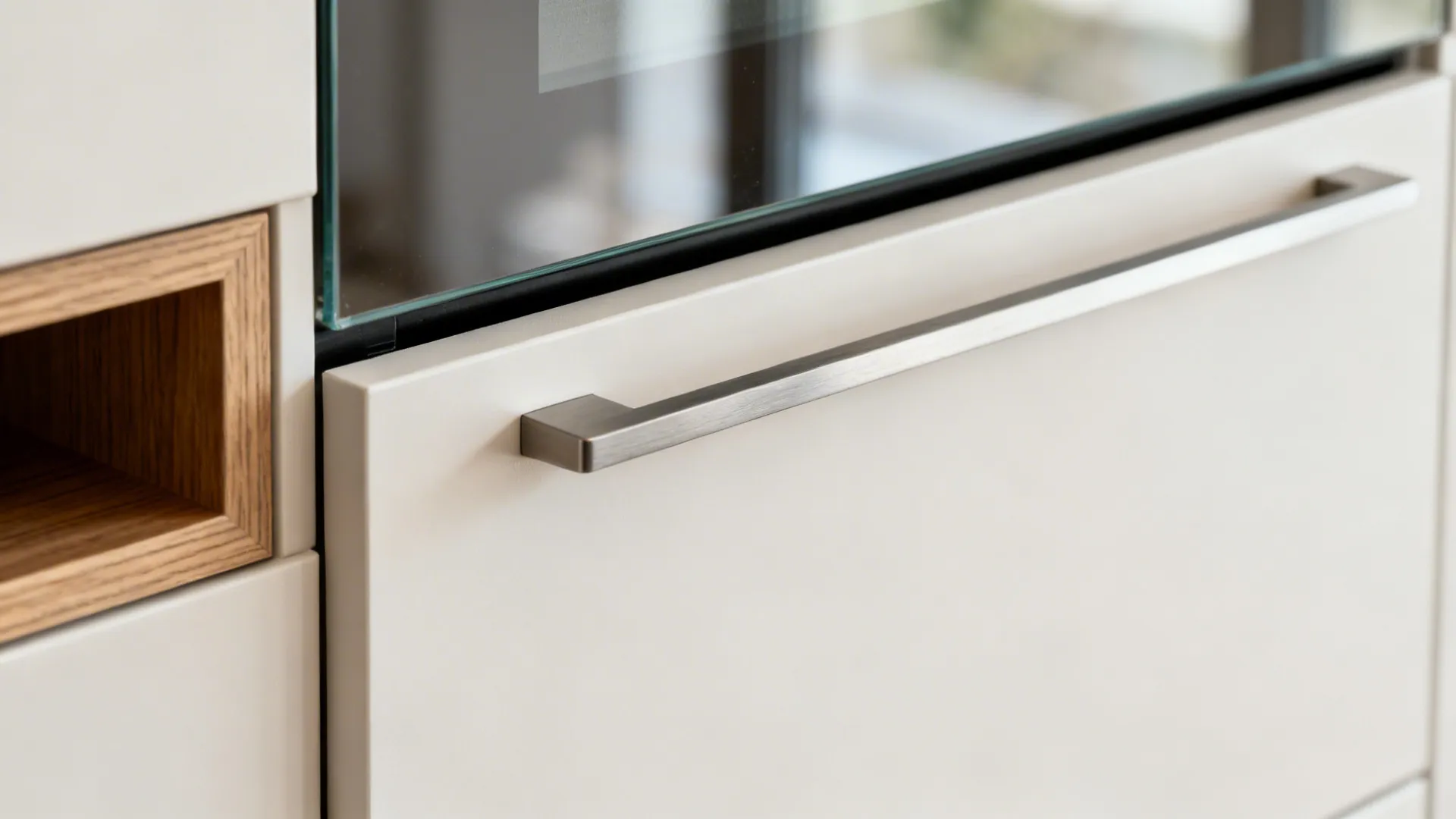 Macro of satin slab kitchen door with slim pull and crisp alignment near a reflective glass backsplash.
