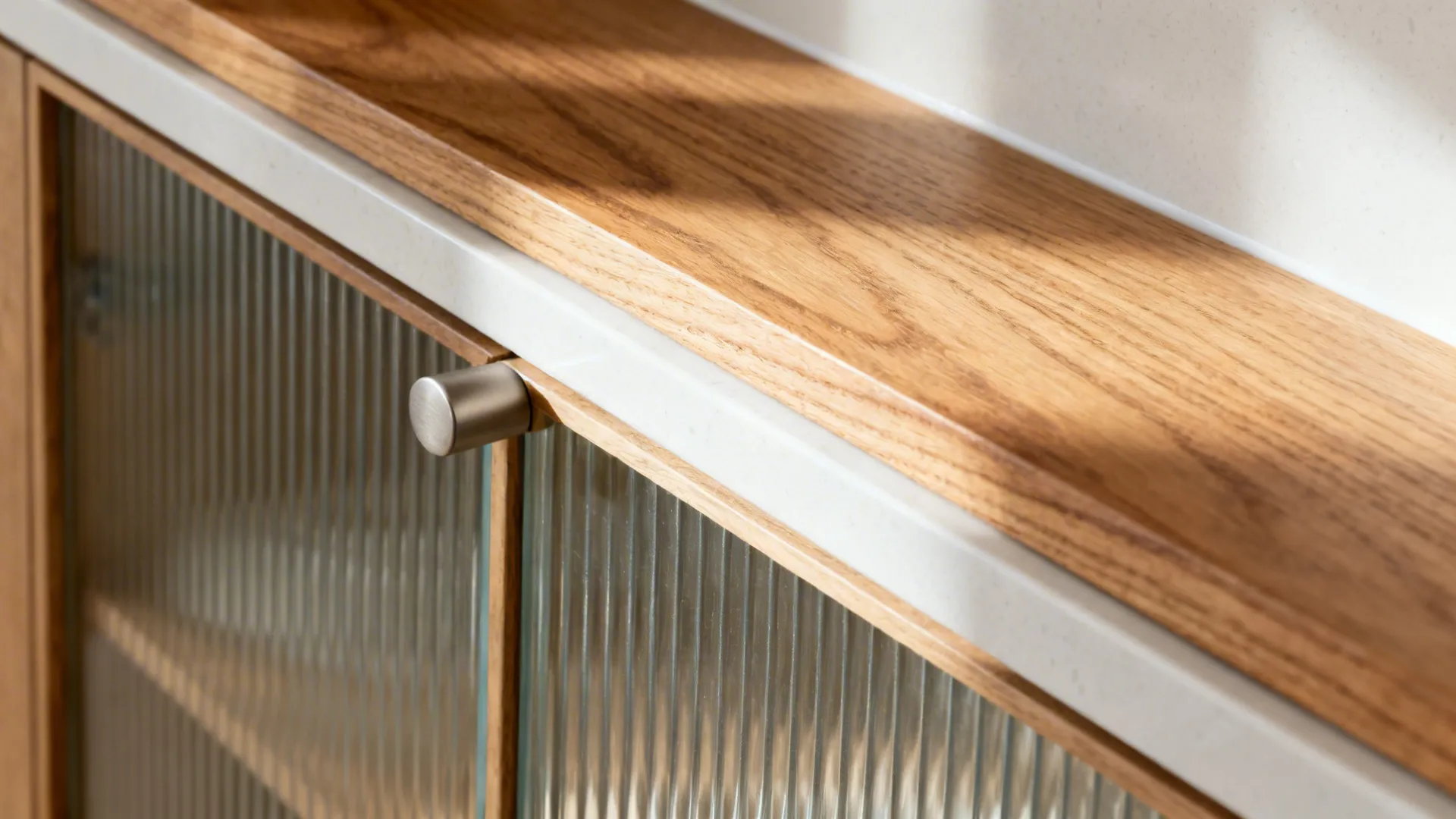 Macro of ribbed glass cabinet, brushed pull, and oak shelf above white quartz backsplash.