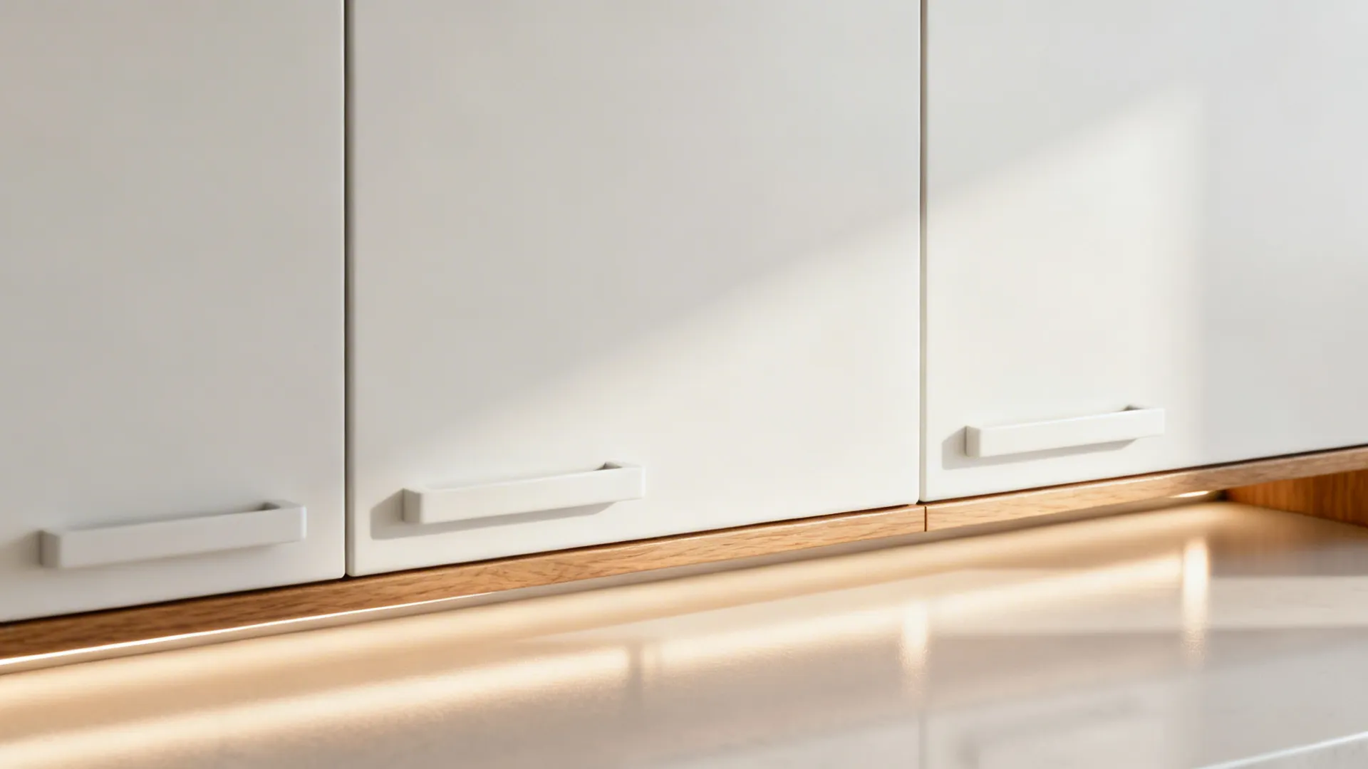 Close-up of matte slab cabinet with integrated pull and oak edge-banding under soft LED glow.
