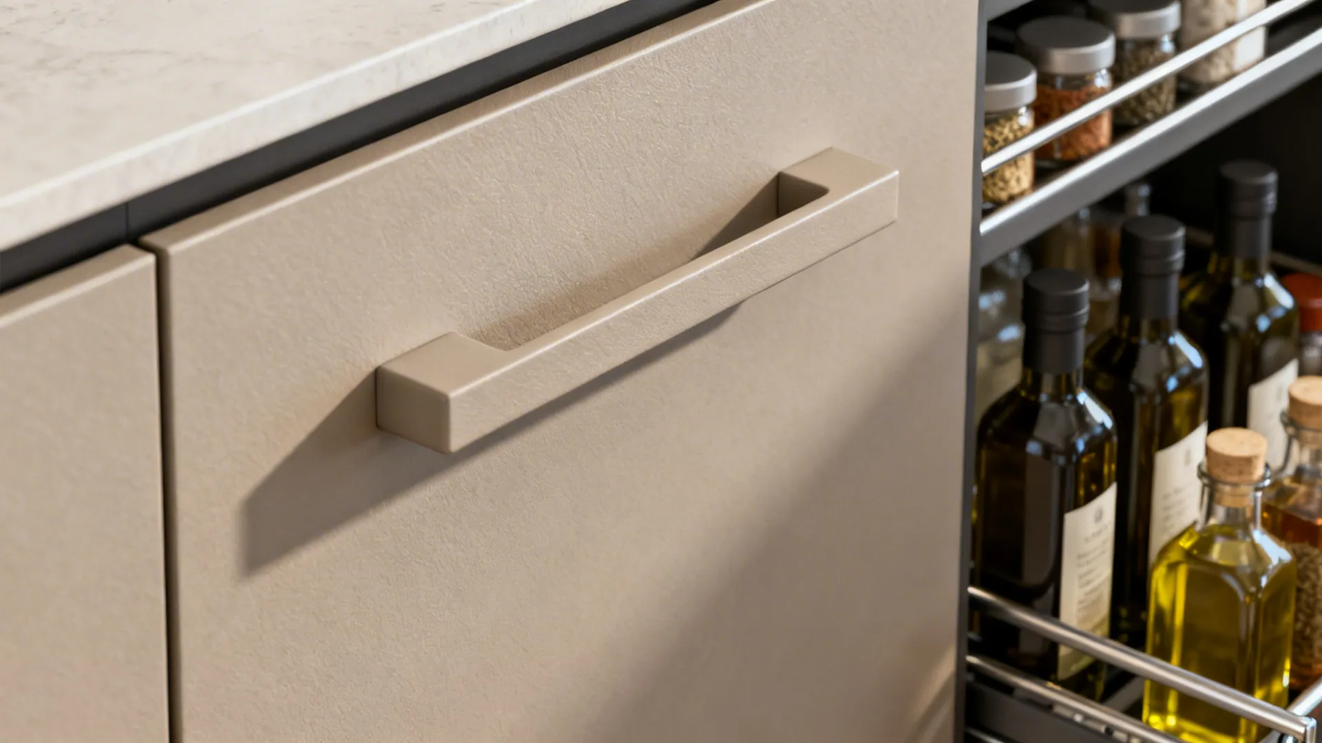 Macro of matte flat-front cabinet and integrated pull beside a slim pull-out rack.