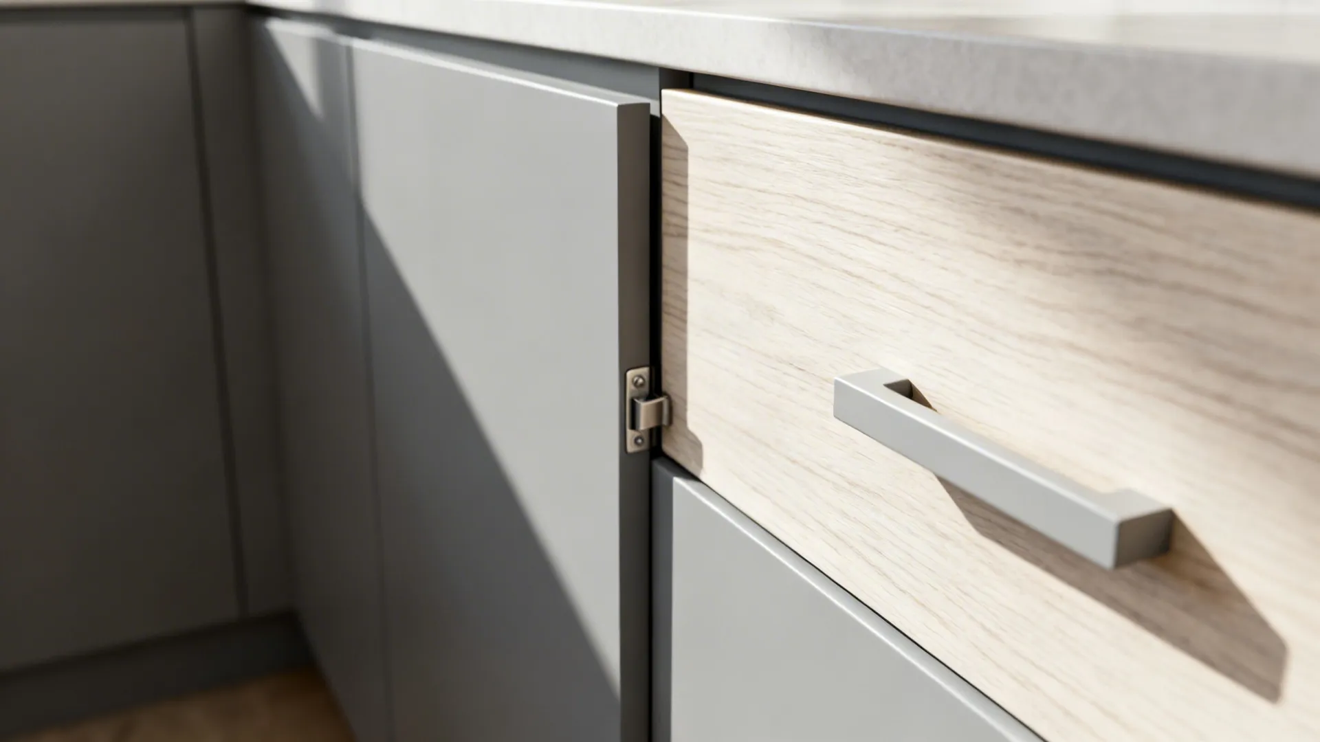 Macro of light gray slab door and white oak drawer with integrated pull and soft-close hardware.