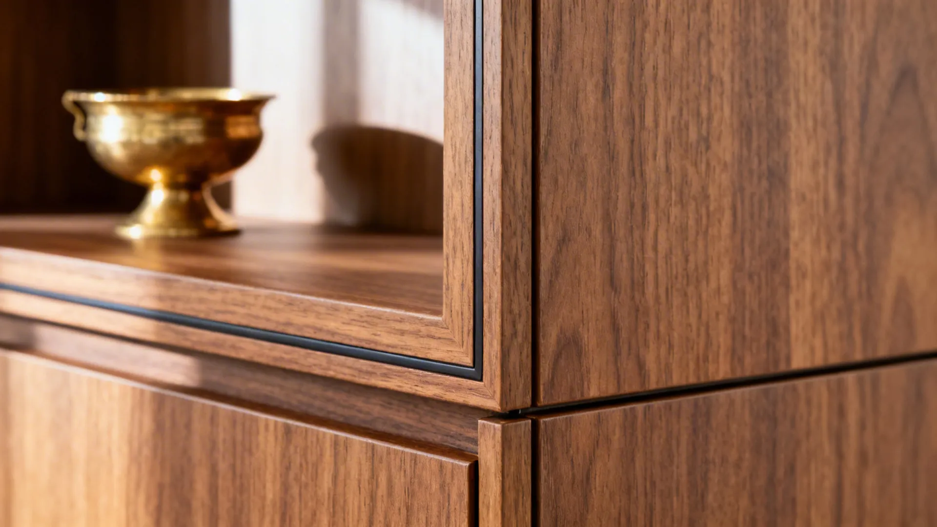 Close up detail of dark wood cabinet shelving unit holding a small gold decorative bowl