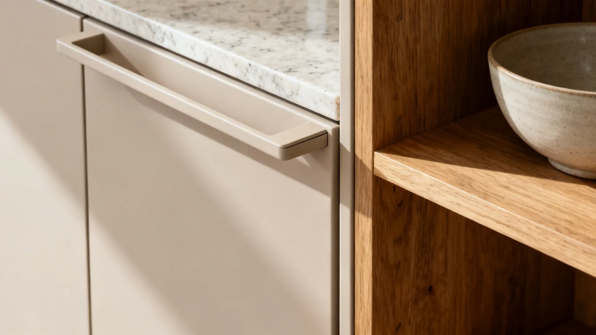 Macro of soft-matte cabinet with integrated pull beside an oak shelf and quartz counter.