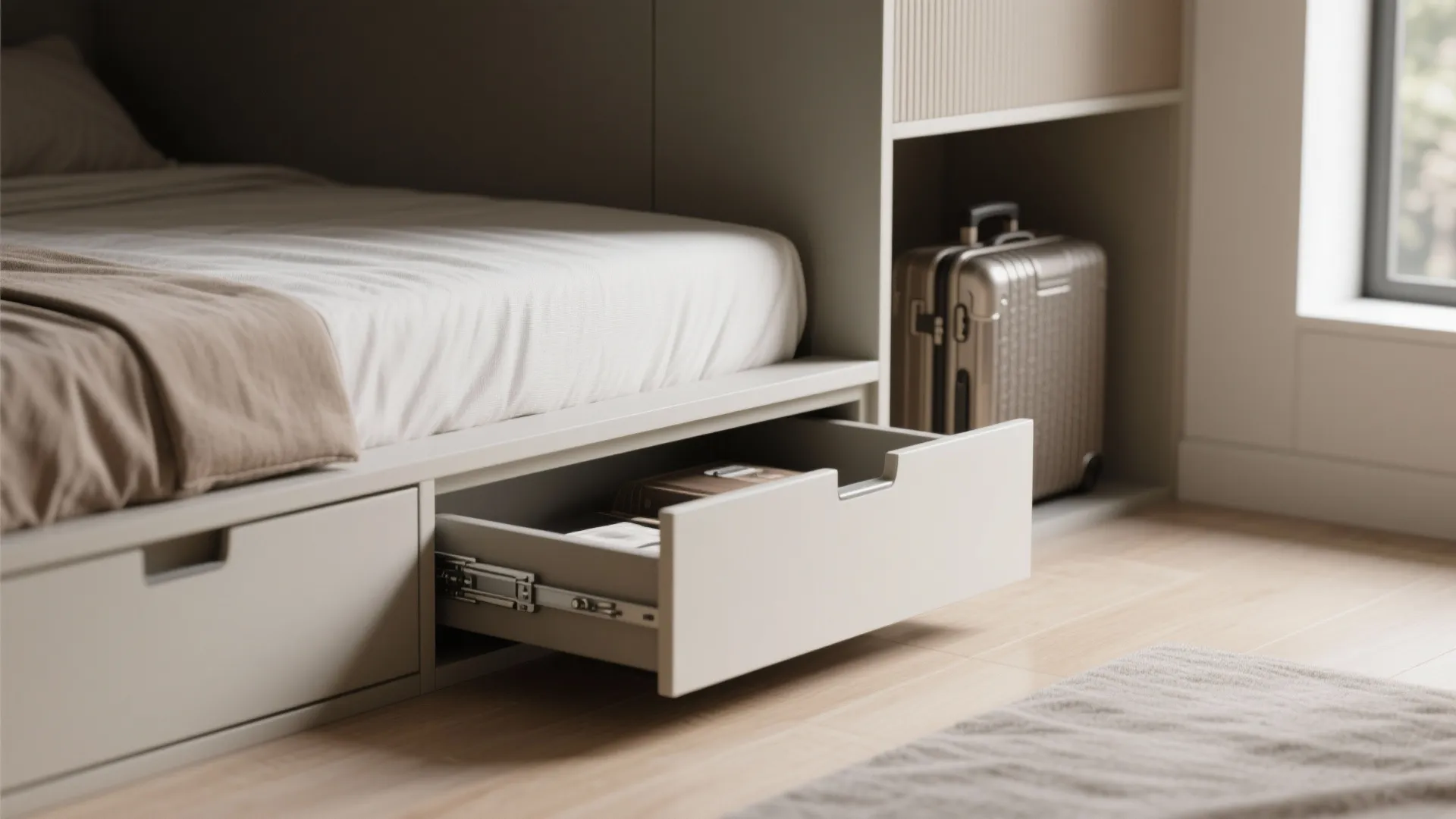 Macro view of built-in storage and convertible furniture details for efficient packing