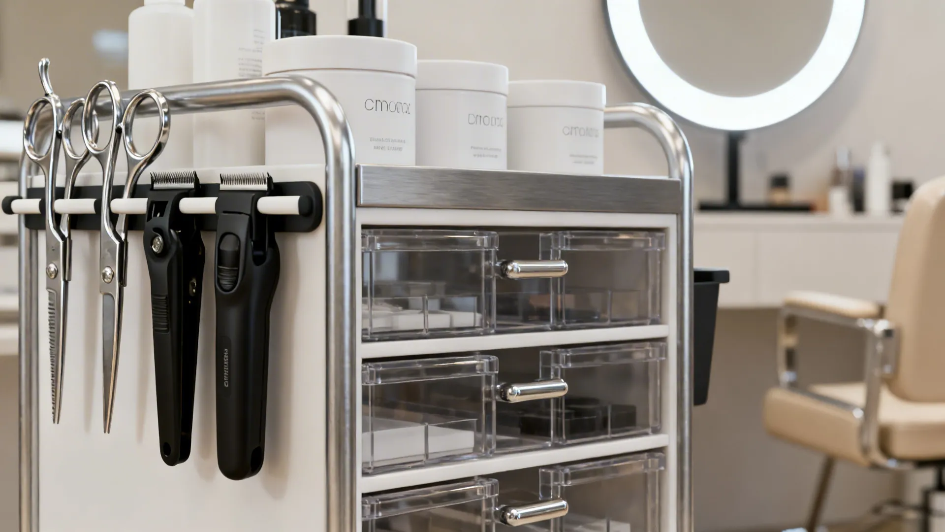 Close-up of magnetic tool strip and organized trolley drawers for salon tool storage