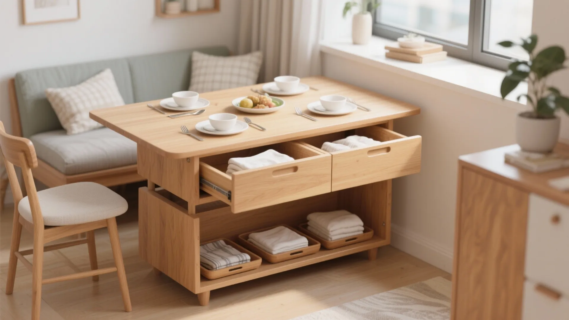 Light wood dining table with open storage drawers holding white towels in a bright room
