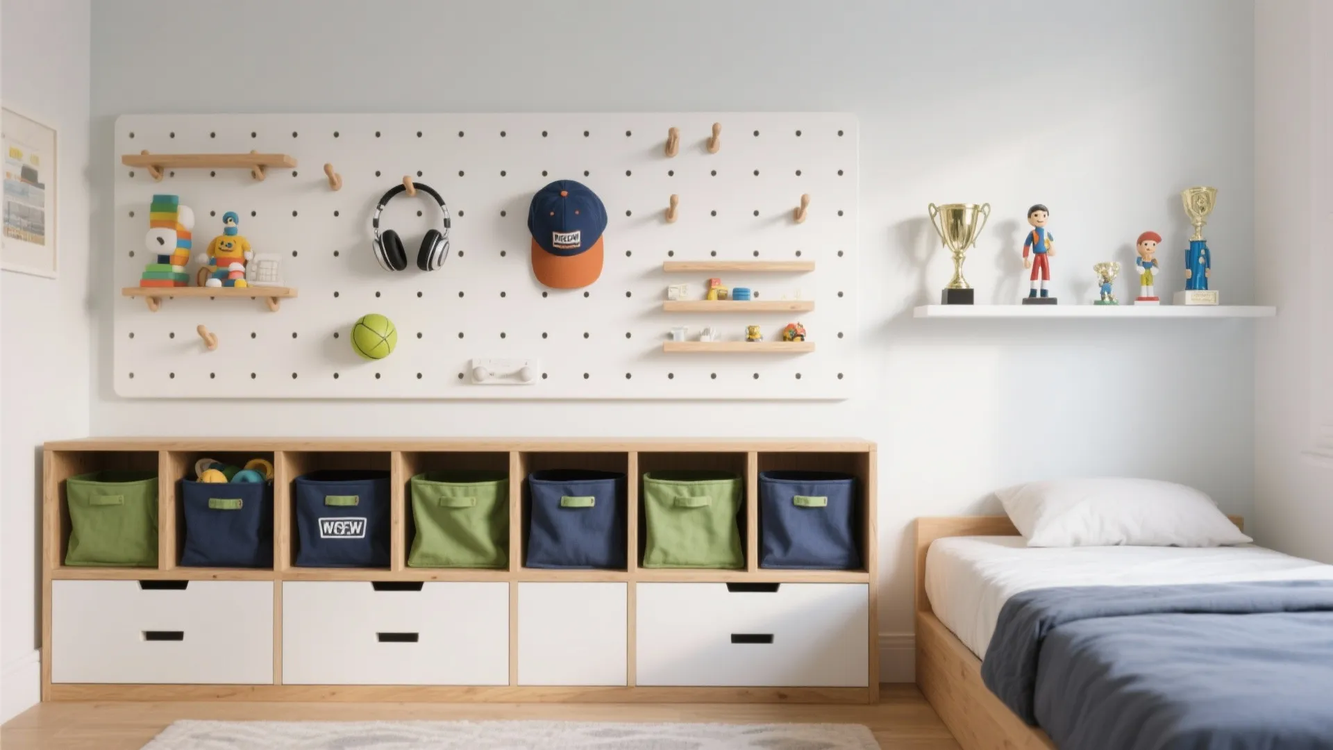 Child bedroom with white pegboard storage wall, wooden shelves, colorful bins, and a small single bed