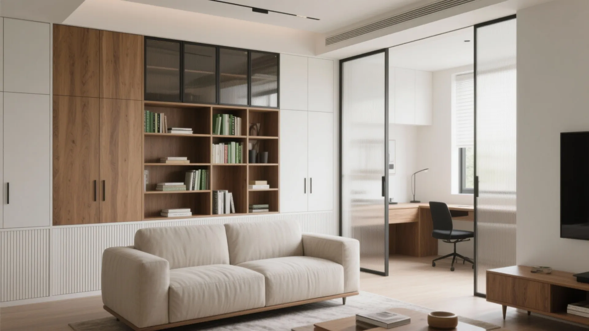 Living room with a shallow storage wall behind the sofa dividing into a small study, open above for light and air.