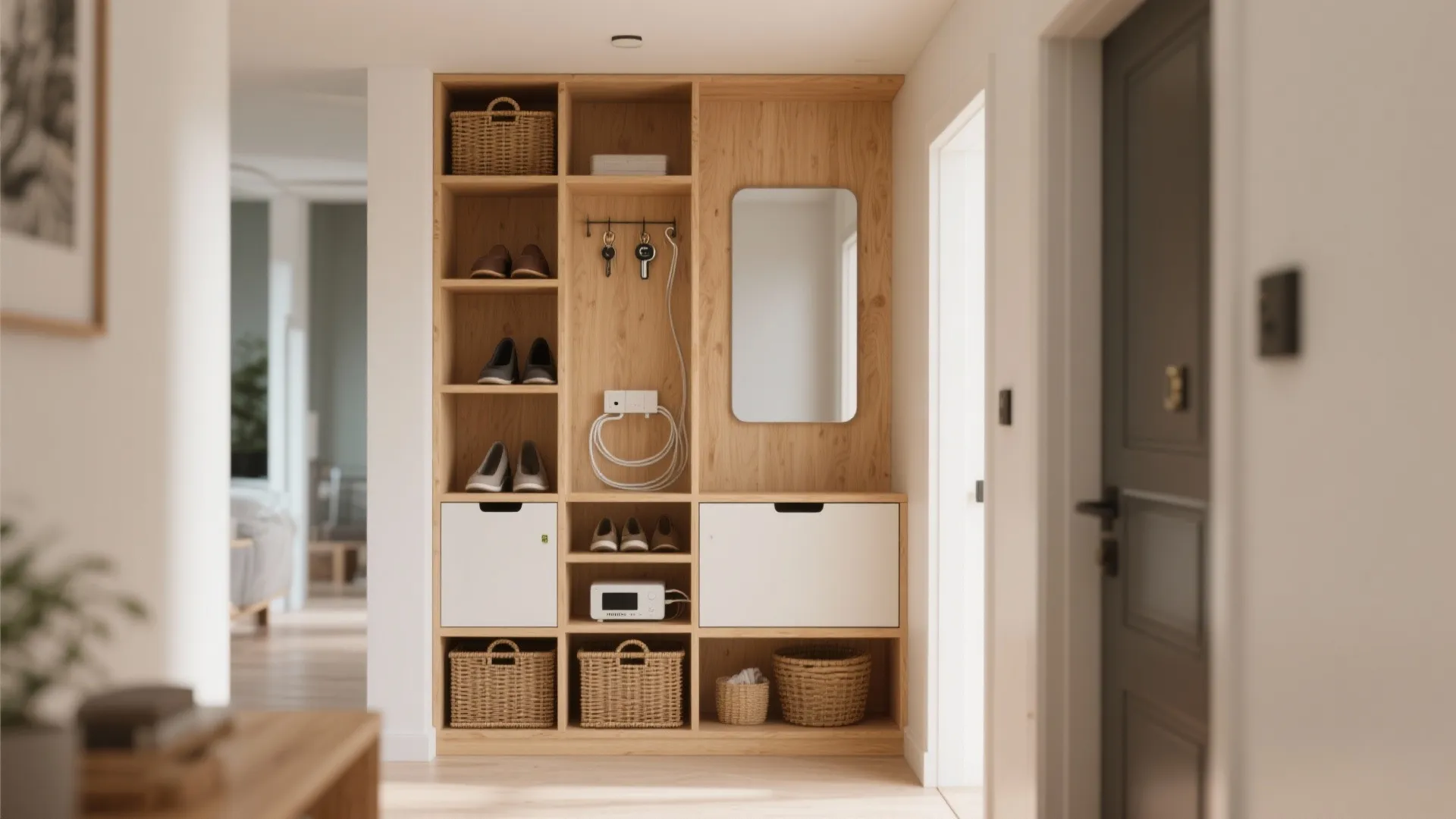 Storage-Integrated Wooden Divider