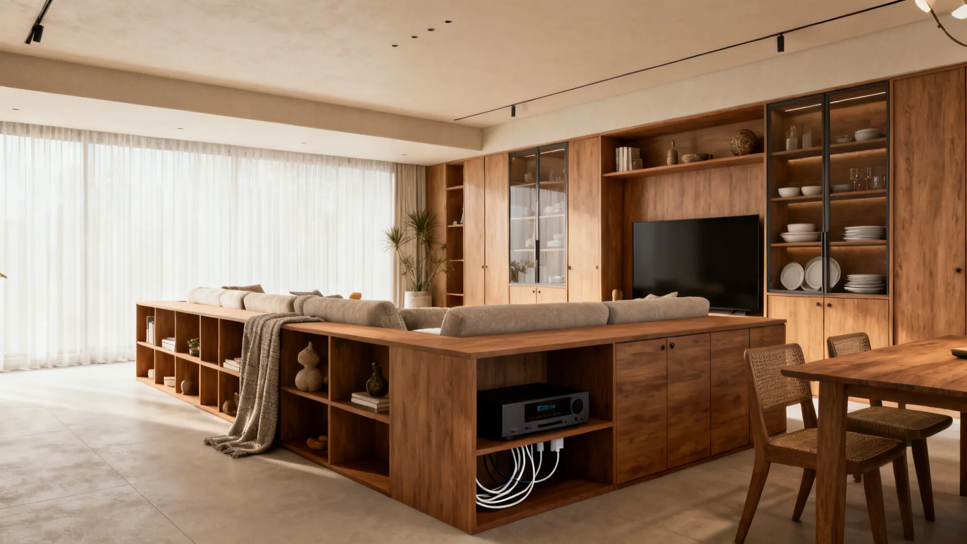 Low back-to-back storage unit dividing living and dining areas in a narrow room