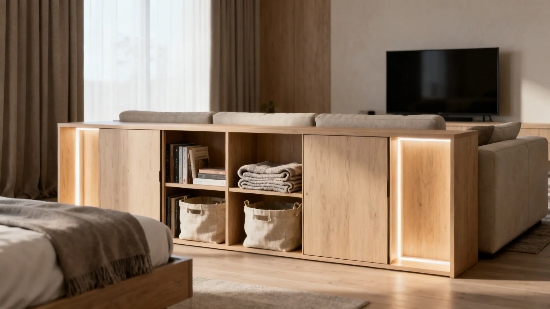 Low storage bookshelf divider separating bed and living area with warm lighting