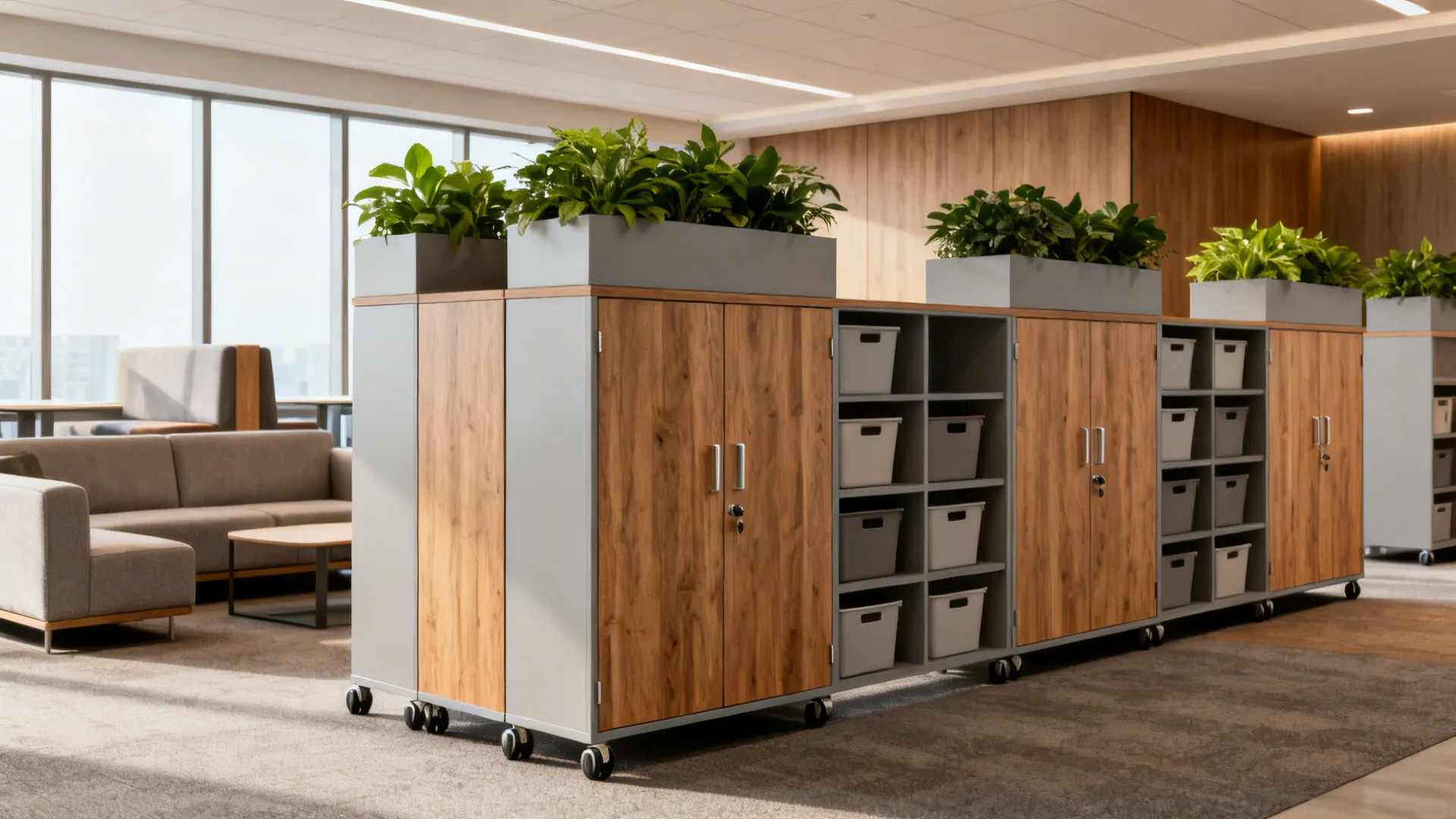 Planter-topped credenzas at 42–48 inches divide zones while providing storage.
