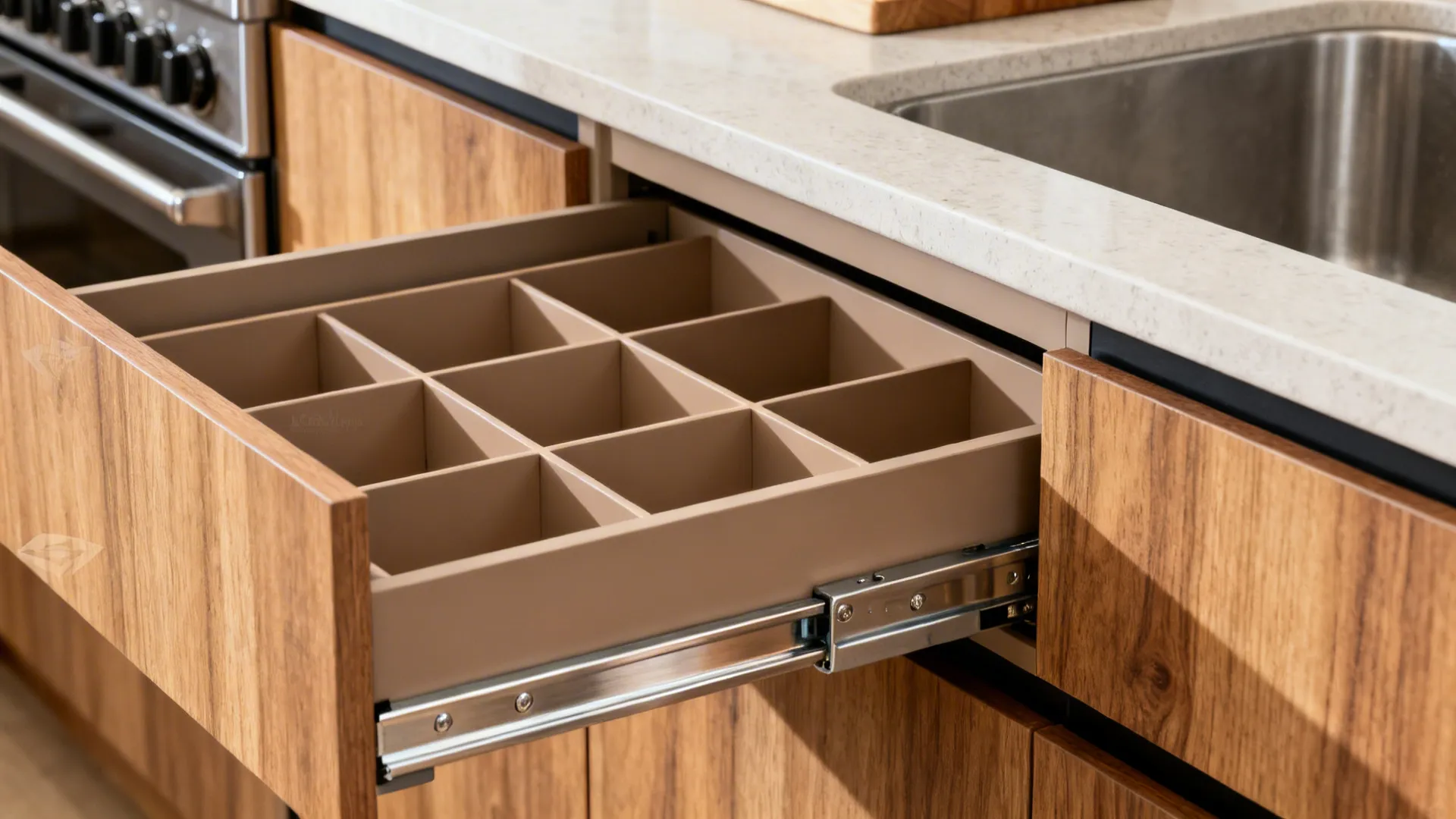 Close-up of drawer dividers and soft-close hardware in the prep buffer between stove and sink.