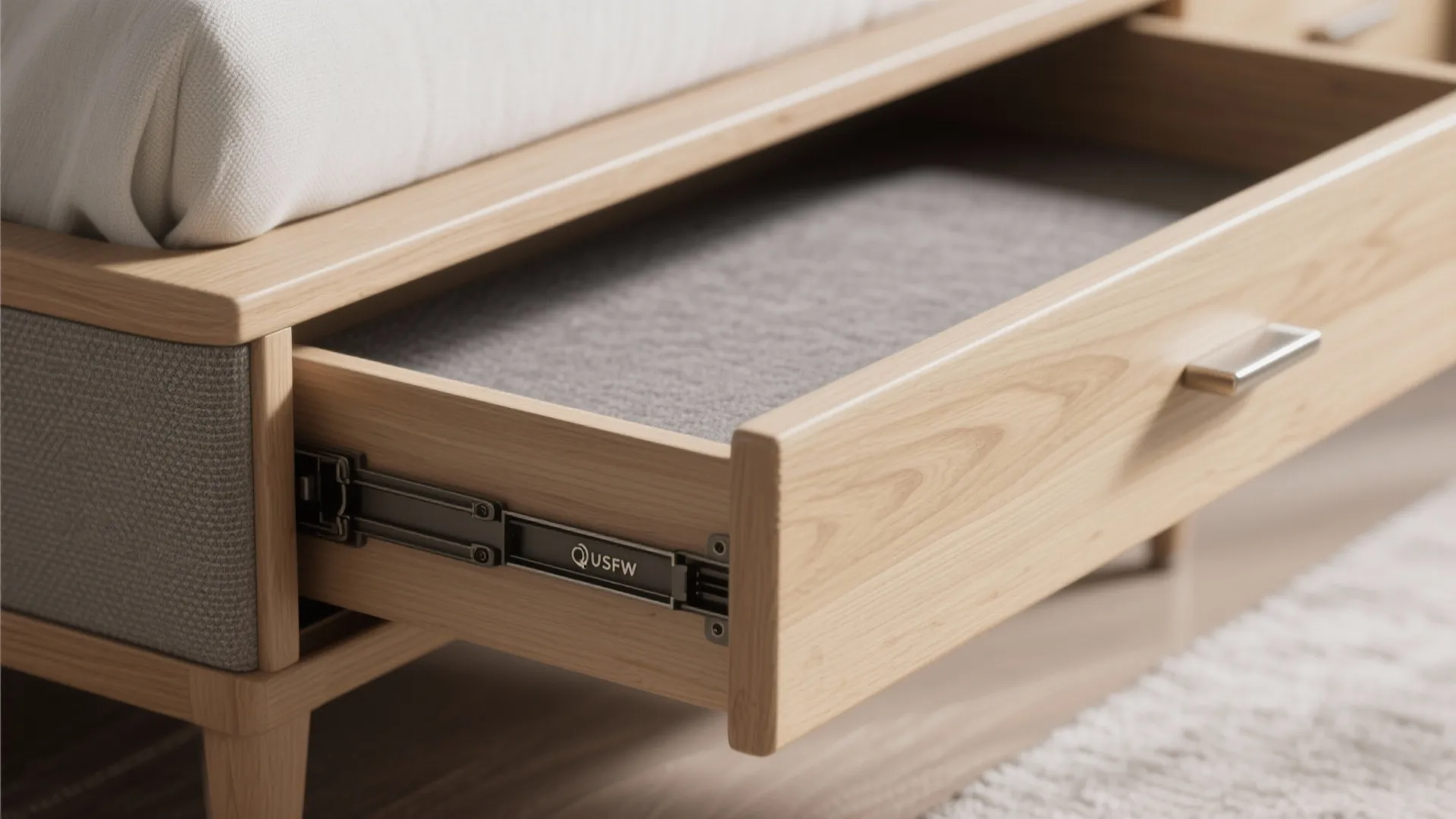 Low-profile queen bed with hidden storage