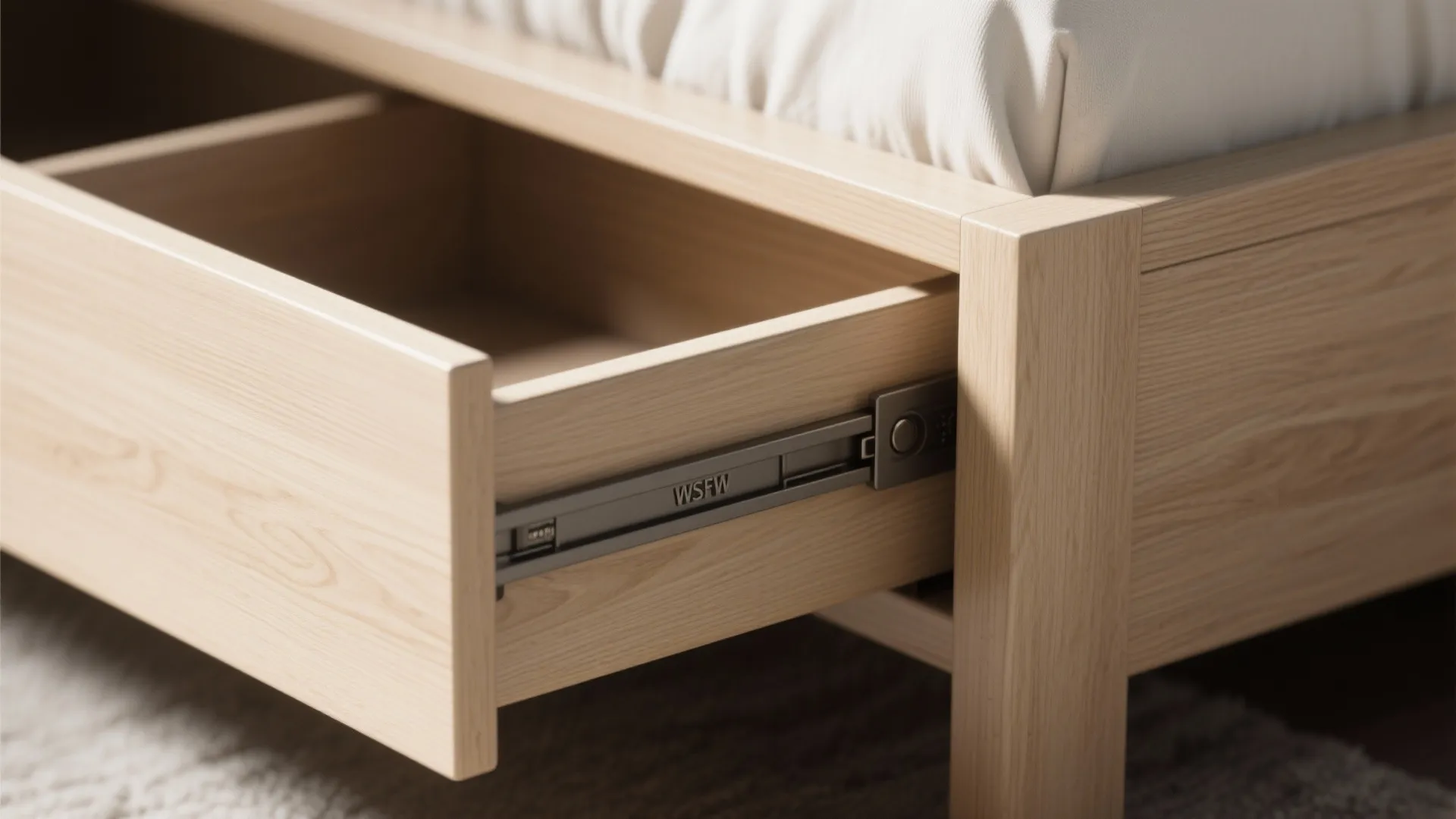 Close up view of open wooden storage drawer with metal slide rails under a bed frame