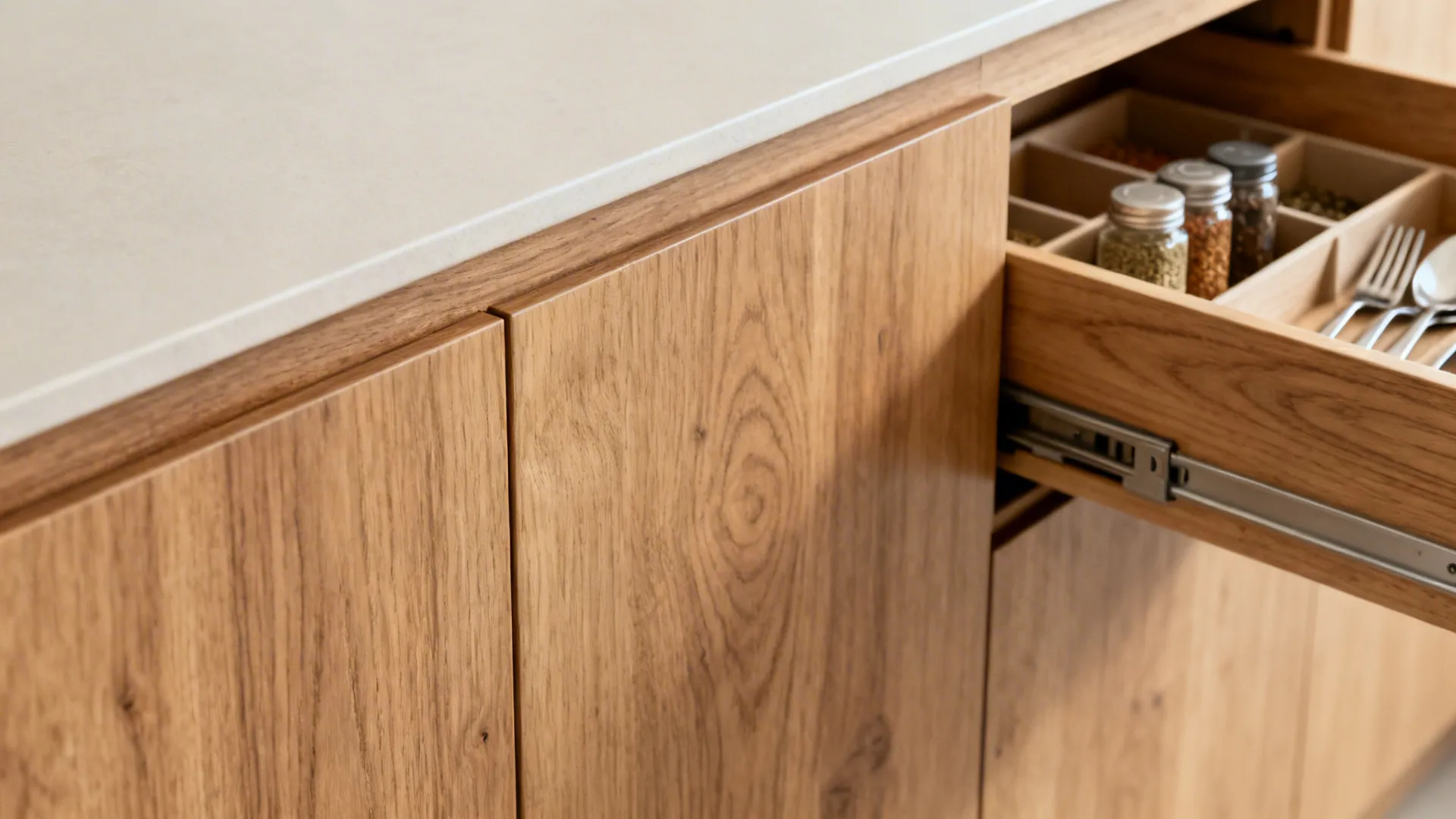 Open wooden kitchen drawer with spice jars and silver spoons next to light wood cabinet