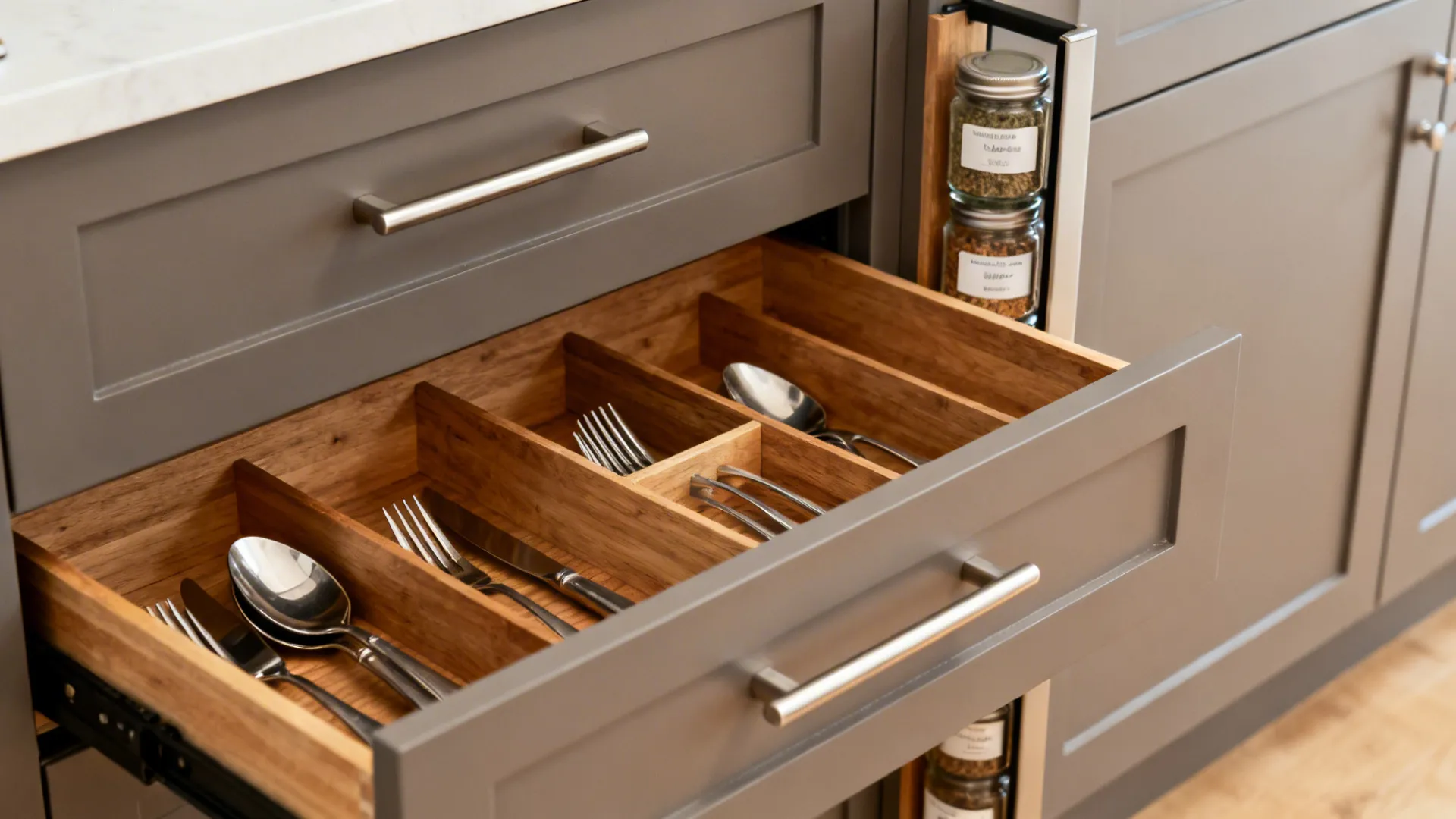 Macro of a soft-close shallow drawer with organized cutlery and an adjacent vertical spice pull-out.
