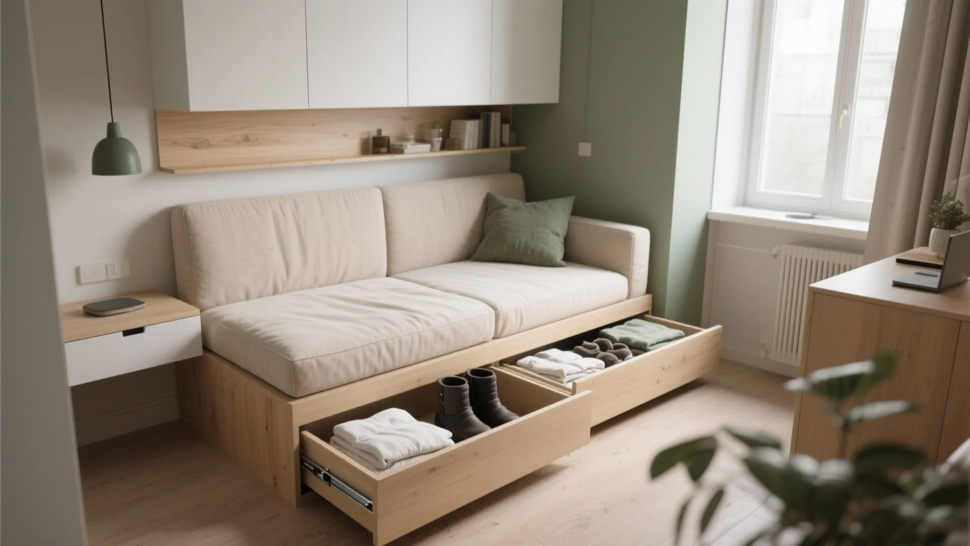 Beige sofa with wooden storage drawers underneath showing folded clothes and boots in a room